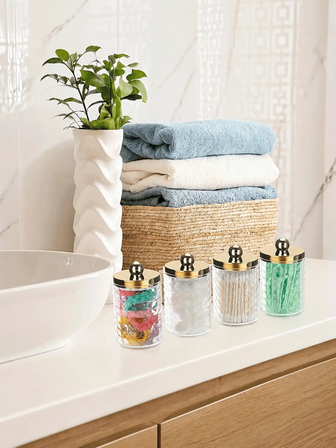 1/2/3/4 Piece Bathroom Vanity Organizer Set, Clear Acrylic Storage Containers With Gold Lids, Crystal Diamond Pattern Cosmetic Organizer For Cotton Swabs, Cotton Balls, Makeup Pads, Jewelry And Beauty Accessories - Multicolor - View 2