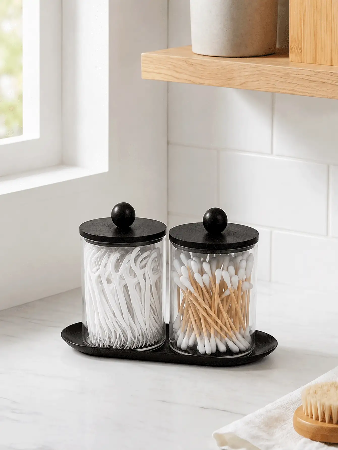 1/2pcs Transparent Bathroom Storage Jars With Lids And Black Tray, Cotton Swab & Dental Floss Holder, Suitable For Vanity Countertop - Multicolor - View 2