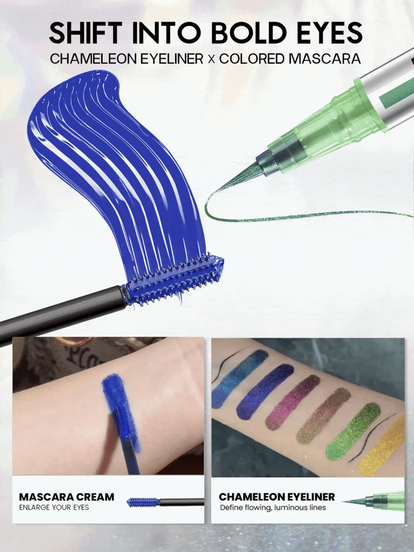 Pudaier 1件彩色睫毛膏與1件雙頭眼線筆套組,加長捲翹豐盈睫毛膏搭配珍珠眼線筆,滑順好推且精準勾勒,多色創意漸層眼妝,適合日常妝容、派對及萬聖節造型妝容 - 01+01 - 查看 2