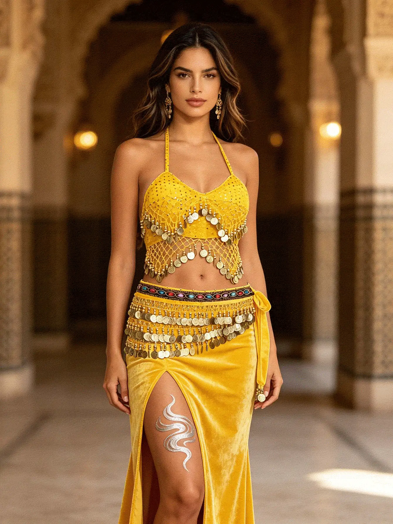 Hollow Mesh Gold Coin Halter Top With Gemstone Decor, Tie Waist Coin Belt, Carnival Party Stage Dance Costume - Multicolor - View 2