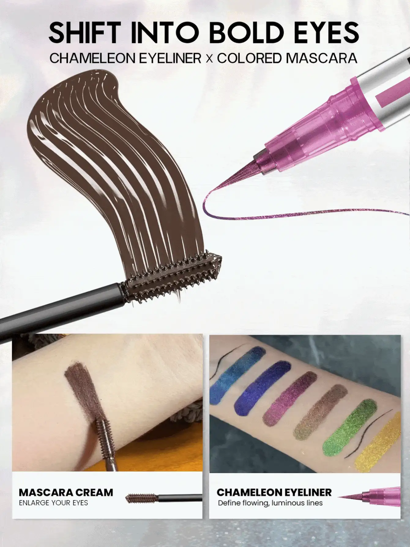 Pudaier 1pc Colored Mascara & 1pc Double-Ended Eyeliner Set Lengthening Curl-Enhancing Volumizing Mascara With Pearl Eyeliner Smooth Glide & Precise Definition Multi-Color Creative Gradient Eye Look Daily Makeup, Parties ,Halloween Costume Makeup - 03+03 - View 2