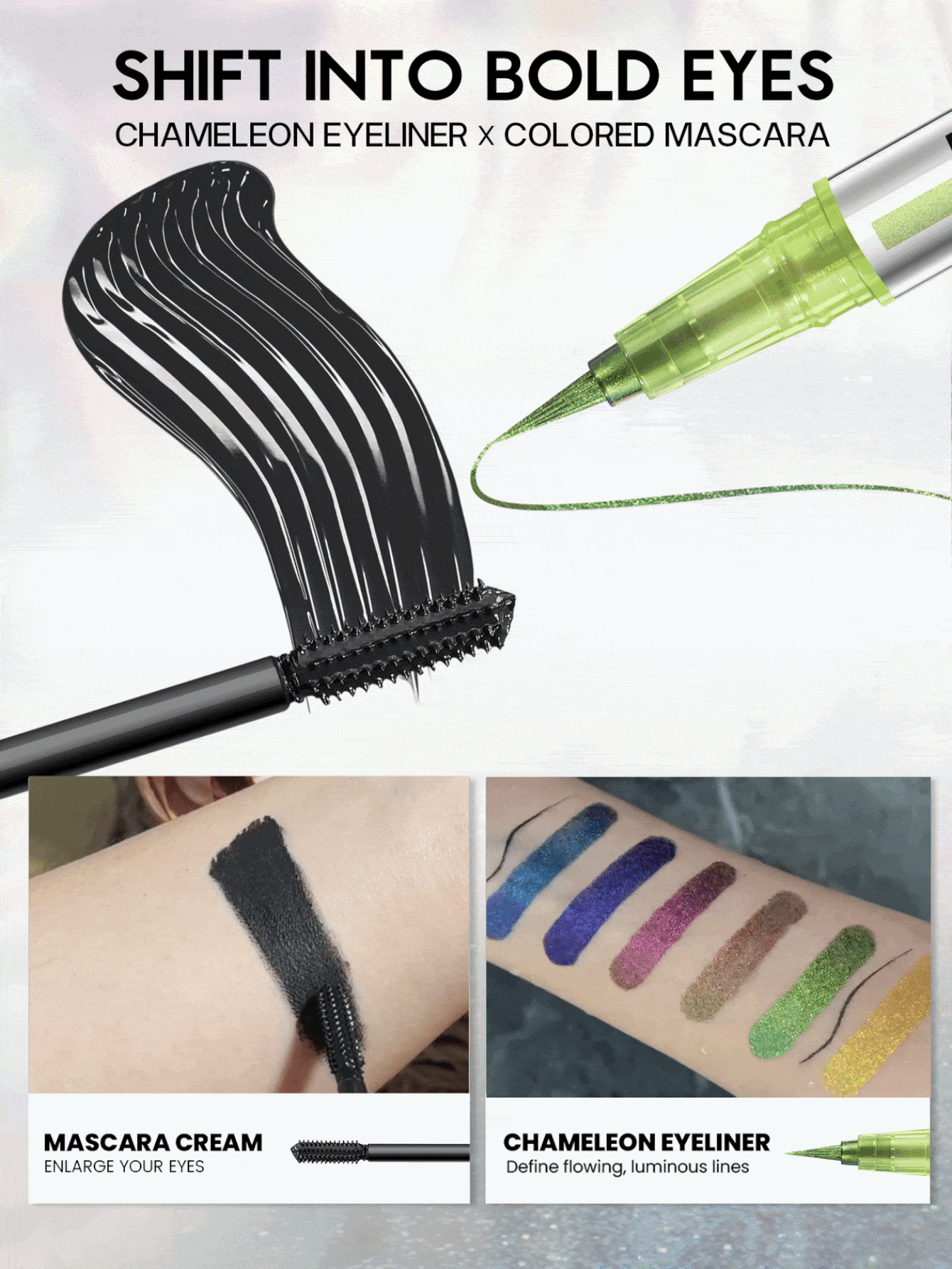 Pudaier 1pc Colored Mascara & 1pc Double-Ended Eyeliner Set Lengthening Curl-Enhancing Volumizing Mascara With Pearl Eyeliner Smooth Glide & Precise Definition Multi-Color Creative Gradient Eye Look Daily Makeup, Parties ,Halloween Costume Makeup - 05+05 - View 2