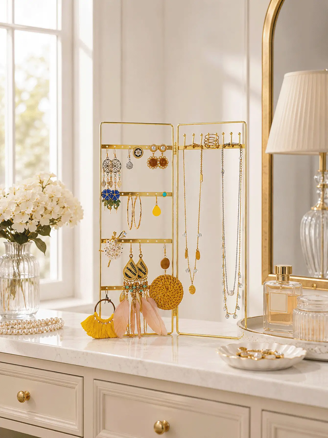 Large Capacity Jewelry Organizer Stand, Foldable Gold Metal Earring Holder With Necklace Hooks, Jewelry Display Rack For Dresser And Vanity - Multicolor - View 2