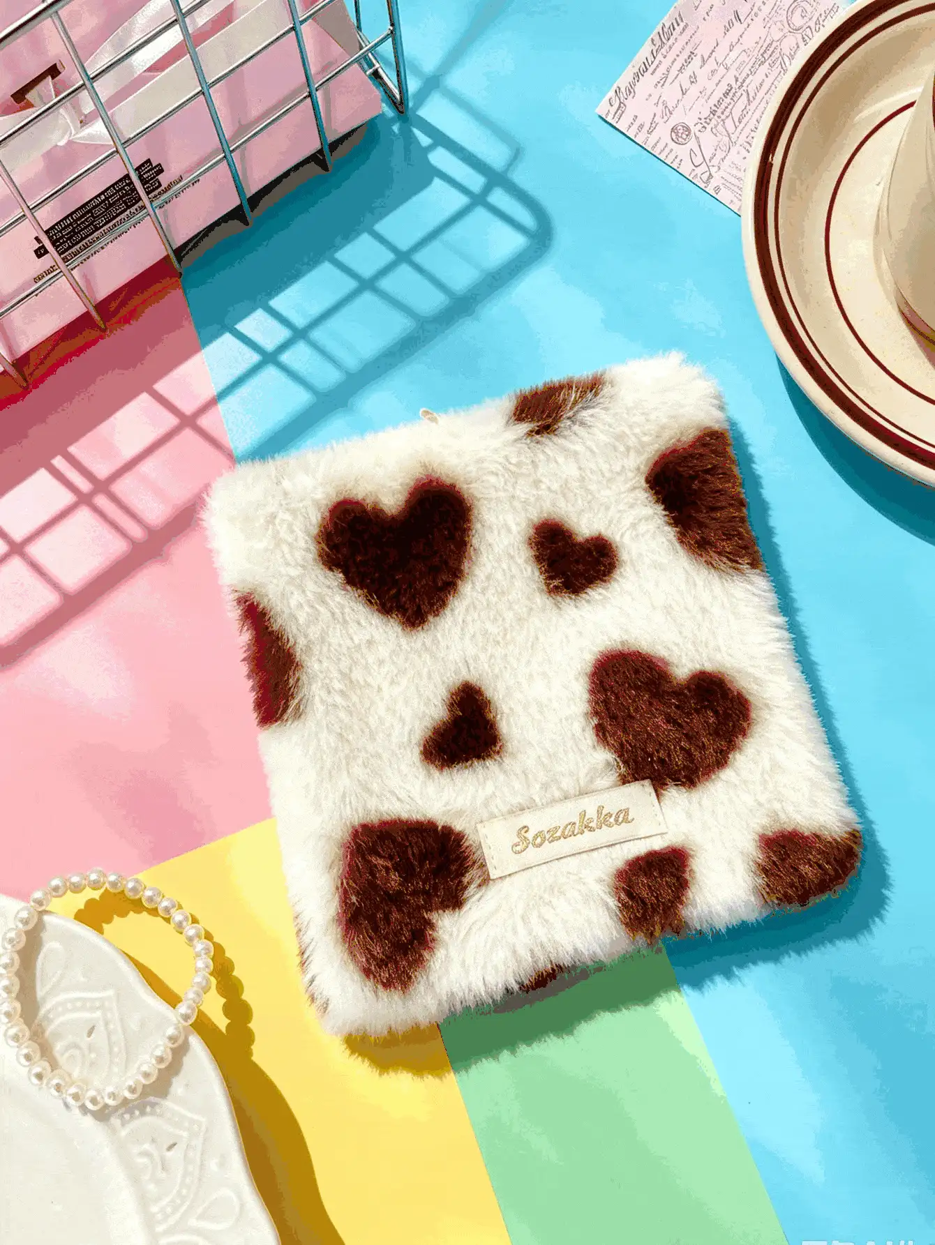 1pc Plush Heart‑Pattern Square Coasters, Cup Base Mats For Tabletop Decor, Soft Fabric Coffee Tray Pads For Tea & Mugs, Ideal For Coffee Table, Dining Table, Tablecloth Protection, Cute Home Table Ornaments For Dining Room & Household Desk Decor - Multicolor - View 2