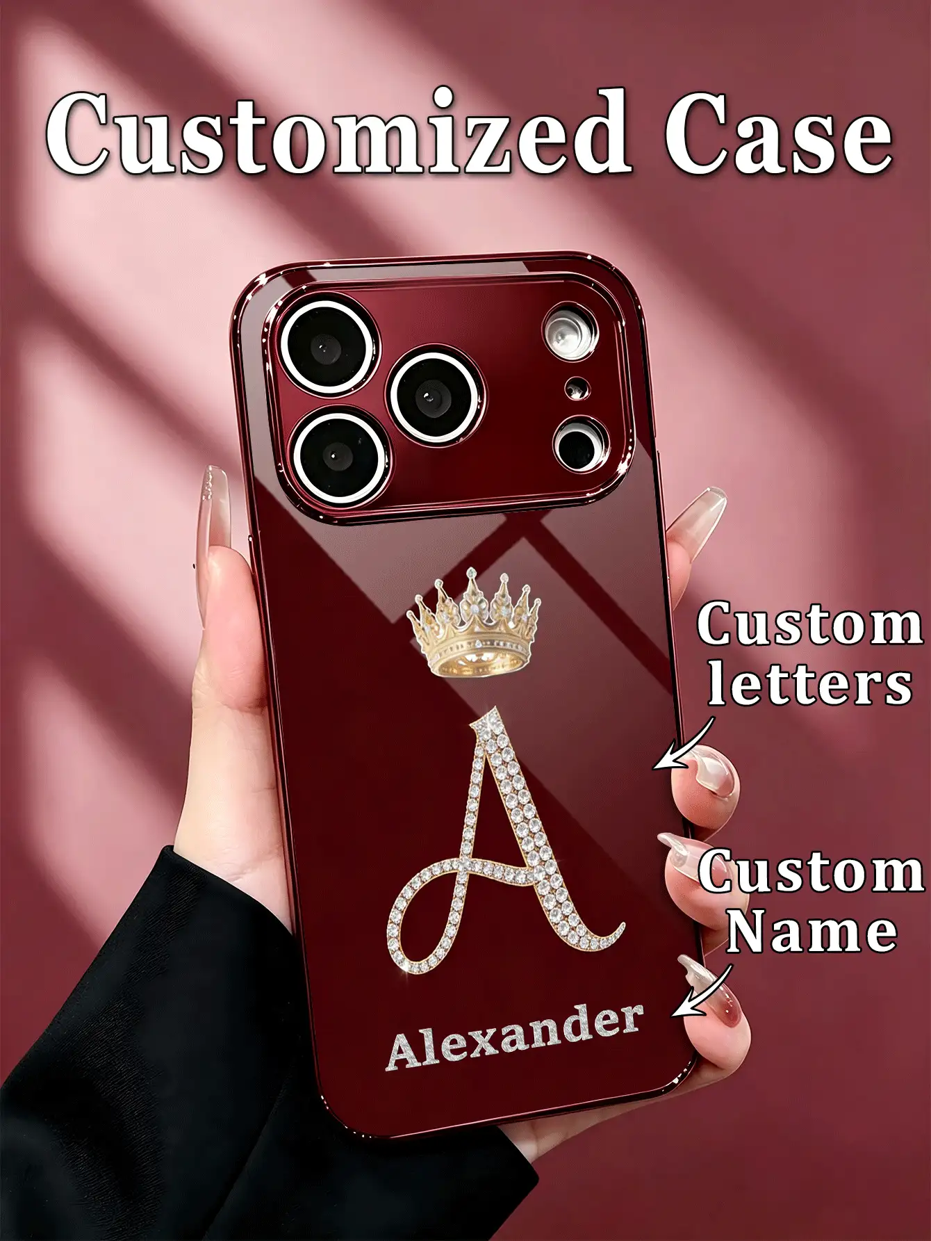 1pc Customized Name Fashion Phone Case, Printed Rhinestone Initial With Gold Crown Pattern, Burgundy Electroplated High-Definition Glass Shell Compatible With Apple Duo/18ProMax/17ProMax/16Pro/15/14Plus/13Pro/12ProMax/11/XsMax & S26Ultra/25Plus/24/23/22 & A36/A35/A33/A31/A26/A15/A13/Note20/10Pro And Other Series Models - Burgundy - View 2