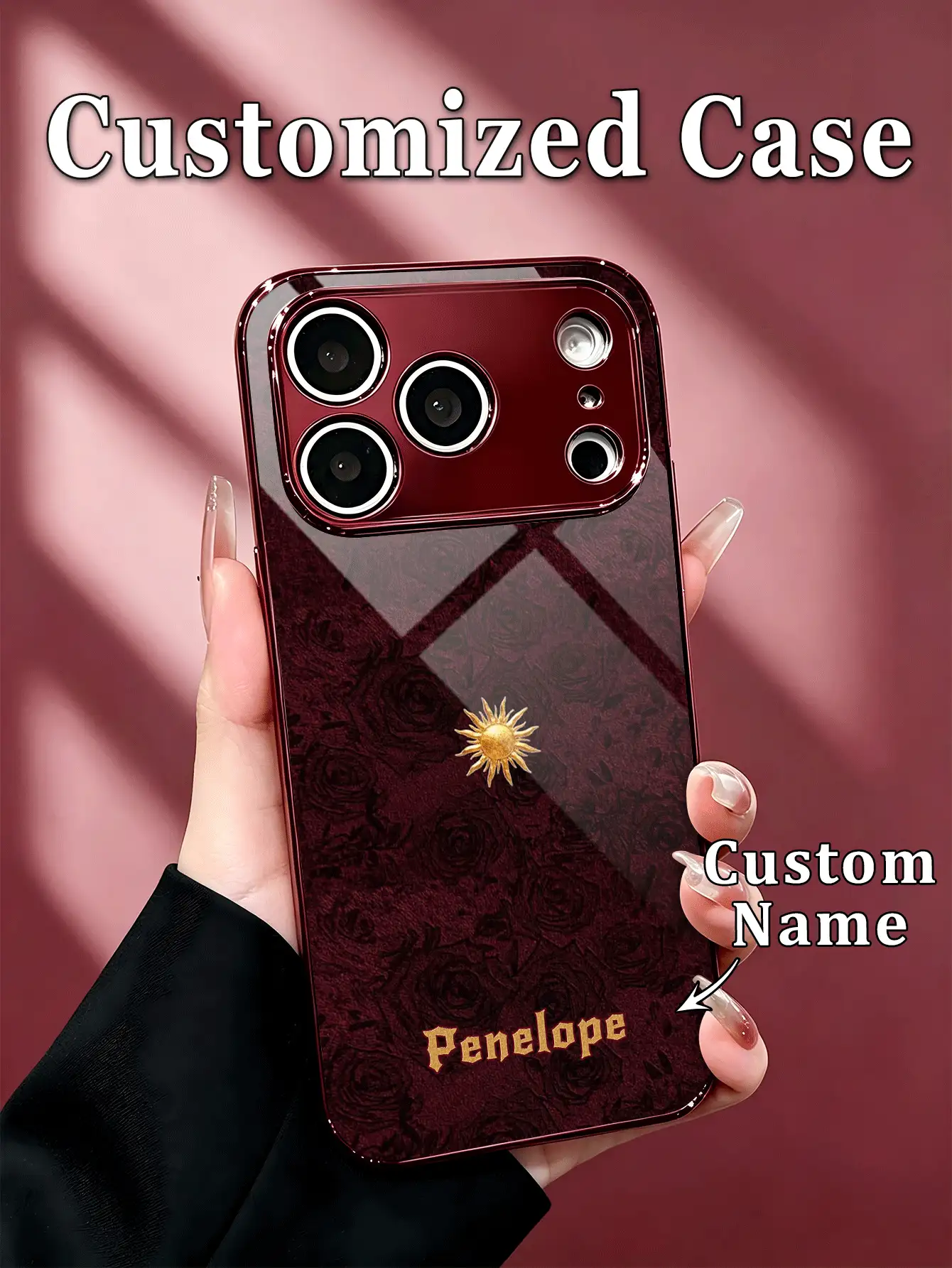 1pc Customized Name Fashion Phone Case, Burgundy Background With Dark Rose Pattern And Gold Sun Emblem, High-Definition Electroplated Glass Shell Compatible With Apple Duo/18ProMax/17ProMax/16Pro/15/14Plus/13Pro/12ProMax/11/XsMax & S26Ultra/25Plus/24/23/22 & A36/A35/A33/A31/A26/A15/A13/Note20/10Pro And Other Series Models - Burgundy - View 2