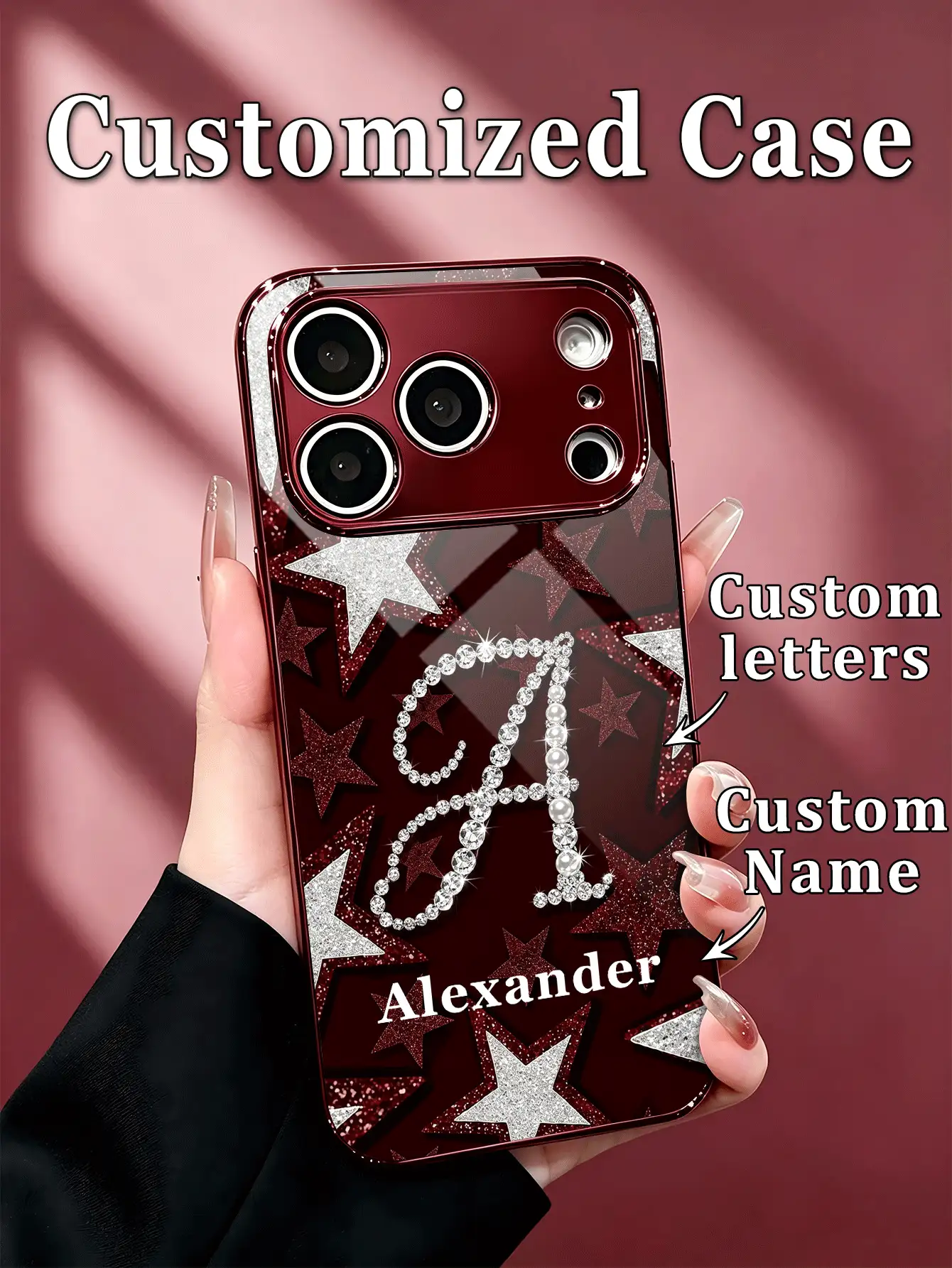 1pc Customized Name & Printed Rhinestone Pearl Cursive Initial Glitter Pentagram Background Pattern Burgundy Electroplated Frame High-Definition Glass Fashion Phone Case Compatible With Apple 18ProMax/17ProMax/16Pro/15/14Plus/13Pro/12ProMax/11/XsMax & S26Ultra/25Plus/24/23/22 & A36/A35/A33/A31/A26/A15/A13/Note20/10Pro And Other Series Models - Burgundy - View 2