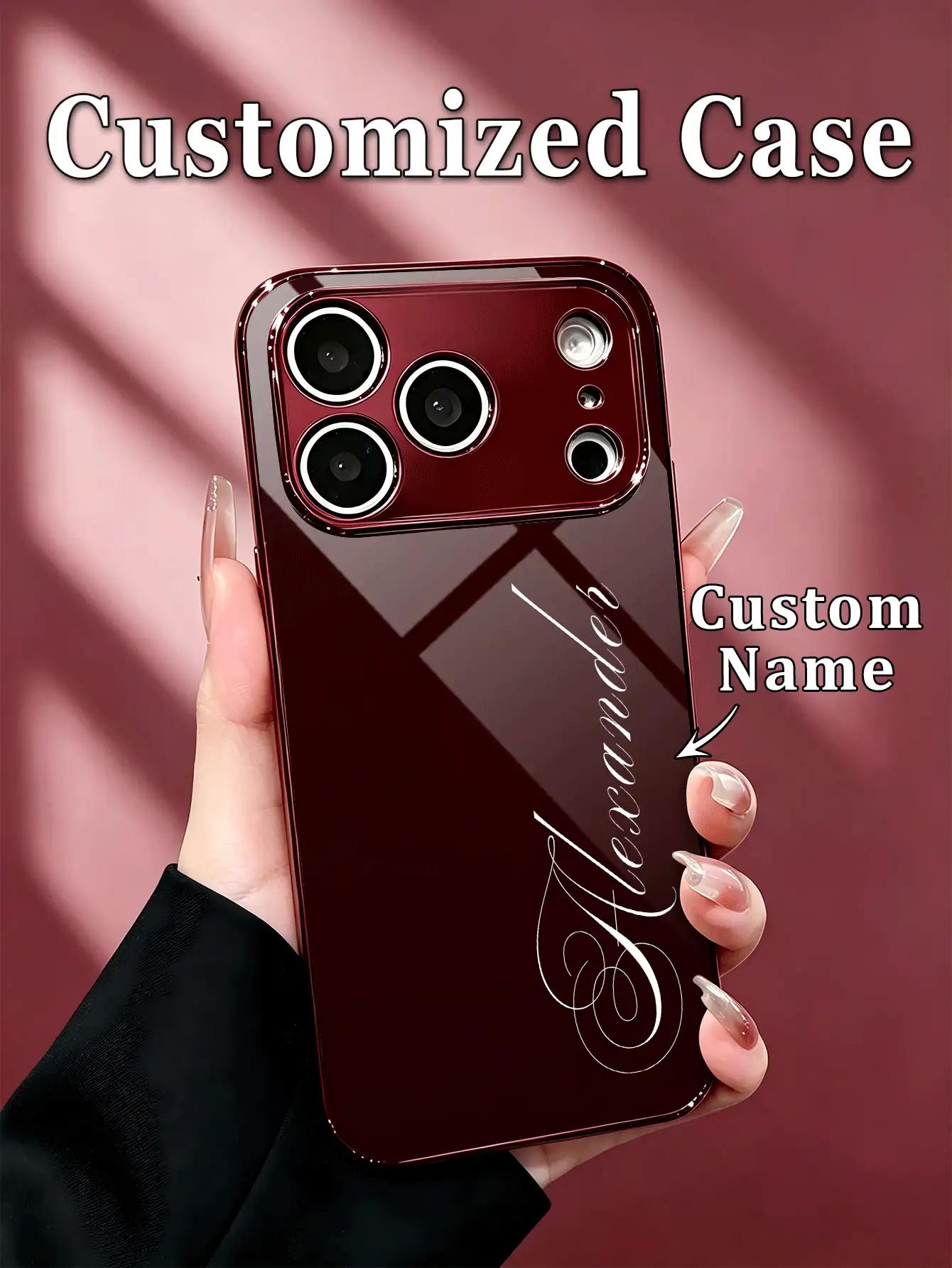 1pc Customized Elegant Cursive Name Fashion Phone Case, Burgundy Electroplated Frame Glass Shell Compatible With Apple 18ProMax/Duo/17ProMax/16Pro/15/14Plus/13Pro/12ProMax/11/XsMax & S26Ultra/25Plus/24/23/22 & A36/A35/A33/A31/A26/A15/A13/Note20/10Pro And Other Series Models, Unique Design Gift For Yourself, Friends, Family, Sisters, Best Friends, Grandparents. - Burgundy - View 2