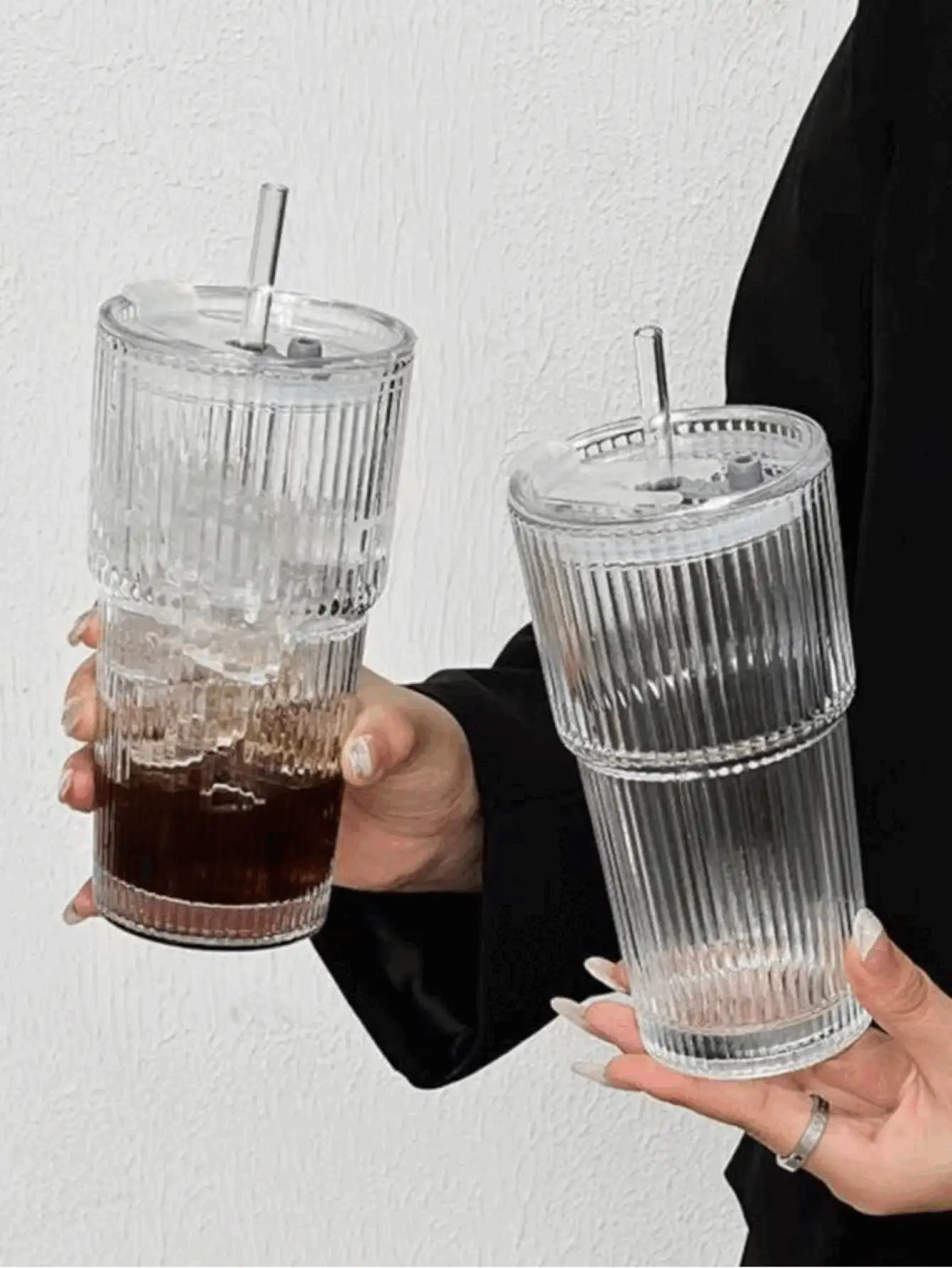 Transparent Glass Cup Striped Coffee Cup With Straw And Lid Simple Style Coffee Cups Large Capacity Glass Water Bottle Portable Outdoor Water Cup For Home Office Parties Autumn Winter Drinkware Home Decor - Multicolor - View 3