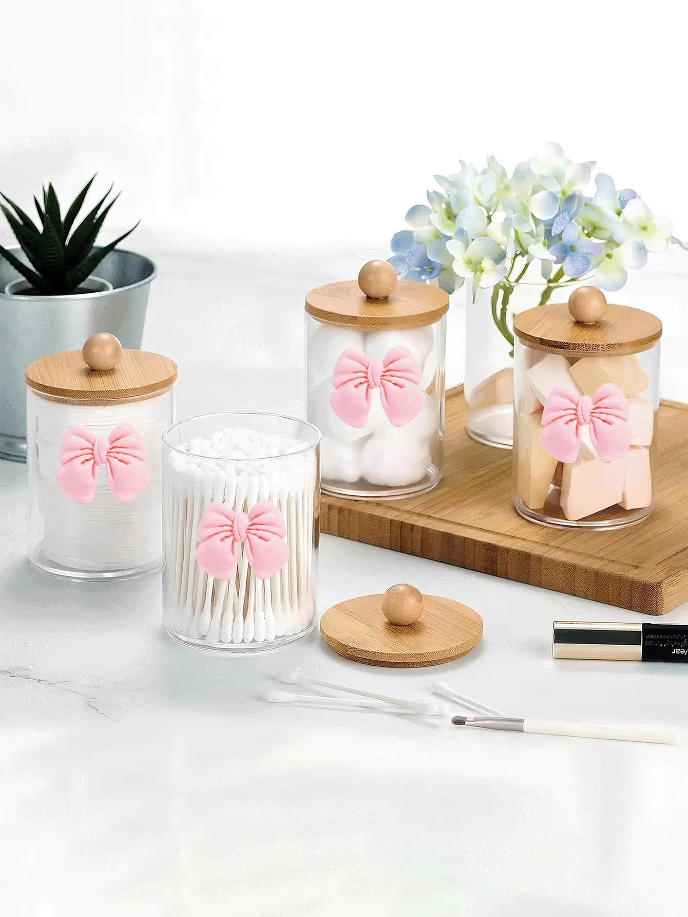 1/2/3/4 Packs Clear Bathroom Storage Jars With Bamboo Lids And Dekorative Schleife, Cotton Swab Qtip Holder, Cotton Ball And Makeup Pad Organizer For Vanity Countertop - Multicolor - View 2