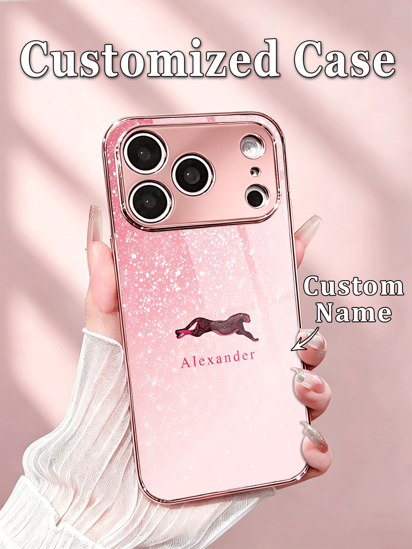 1pc Customized Name Fashion Phone Case Pink Purple Rhinestone Leopard Silhouette Pattern Pink Electroplated Frame High Definition Glass Shell Compatible With Apple 18ProMax/17Pro Max/16Pro/15/14 Plus/13 Pro/12 Pro Max/11/XsMax & S26Ultra/25Plus/24/23/22 & A36/A35/A33/A31/A26/A15/A13/Note20/10Pro And Other Series Models - Pink - View 2