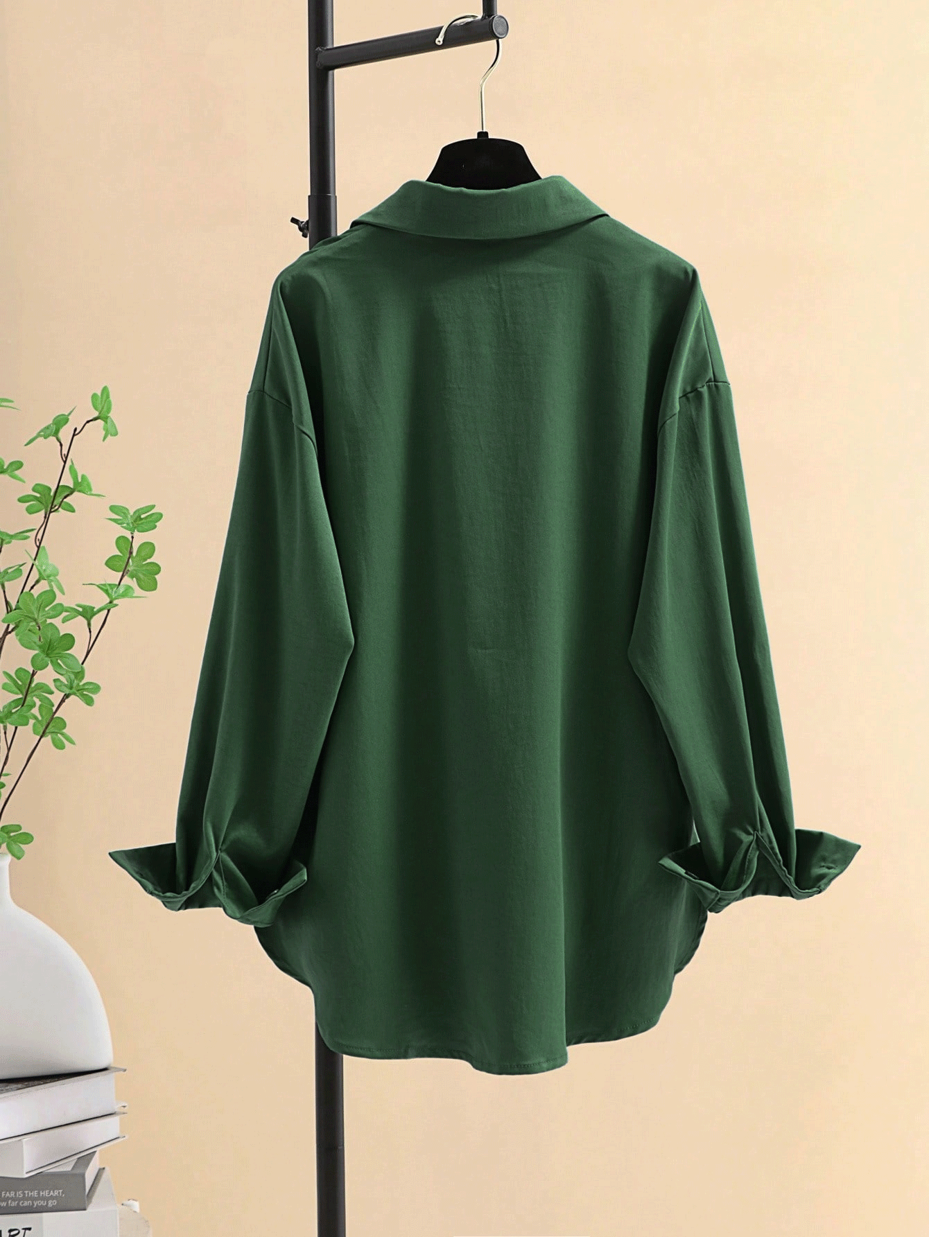 Minimalist Lapel Long Sleeve Loose Women's Shacket, Featuring Shirt Collar And Asymmetric Hem Design Spring - Bean Green - View 9