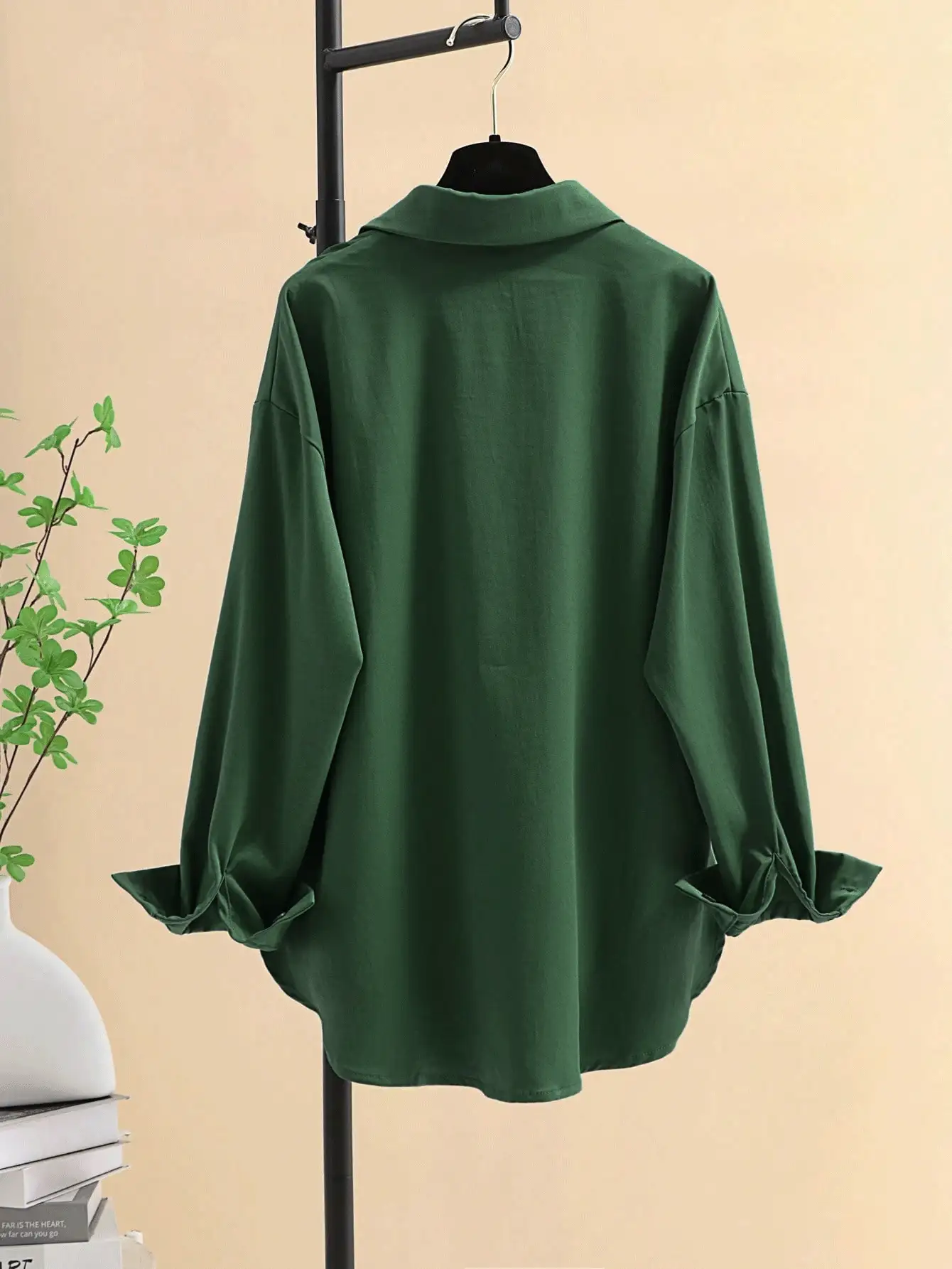 Minimalist Lapel Long Sleeve Loose Women's Shacket, Featuring Shirt Collar And Asymmetric Hem Design Spring - Bean Green - View 9