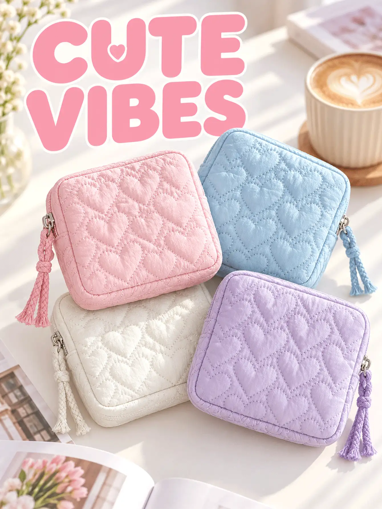 Portable Sanitary Napkin Storage Bag, Quilted Heart Zipper Design Mini Makeup Bag, Women's Lightweight Coin Purse, Daily Commute Multi-Function Period Storage Bag, Beach Travel Cruise Vacation Back To School Essential Accessory - Multicolor - View 3