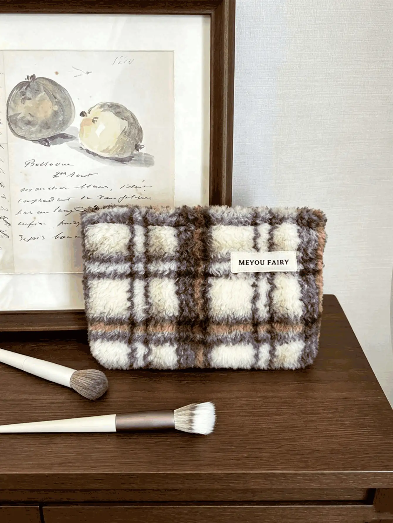 1pc Retro Casual, Fleece, Rectangular Pouch, Striped Plaid Print, Label & Zipper Detail, Holds Cosmetics & Small Items, Makeup Bag, Storage Pouch, For Daily Use, Trips, Autumn Winter & Holiday Occasions,Makeup Bag - Multicolor - View 2