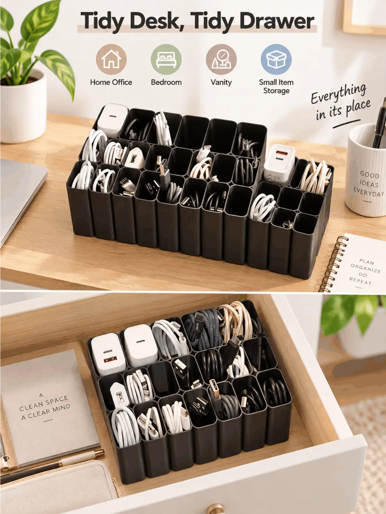 1/22 Compartment Cable Organizer Box, Divided Storage Tray, Suitable For USB Cables, Charging Plugs And Small Electronic Accessories, Home Essential, Suitable For Desk, Bedroom And Office, Winter Necessity, Christmas Gift - Multicolor - View 2