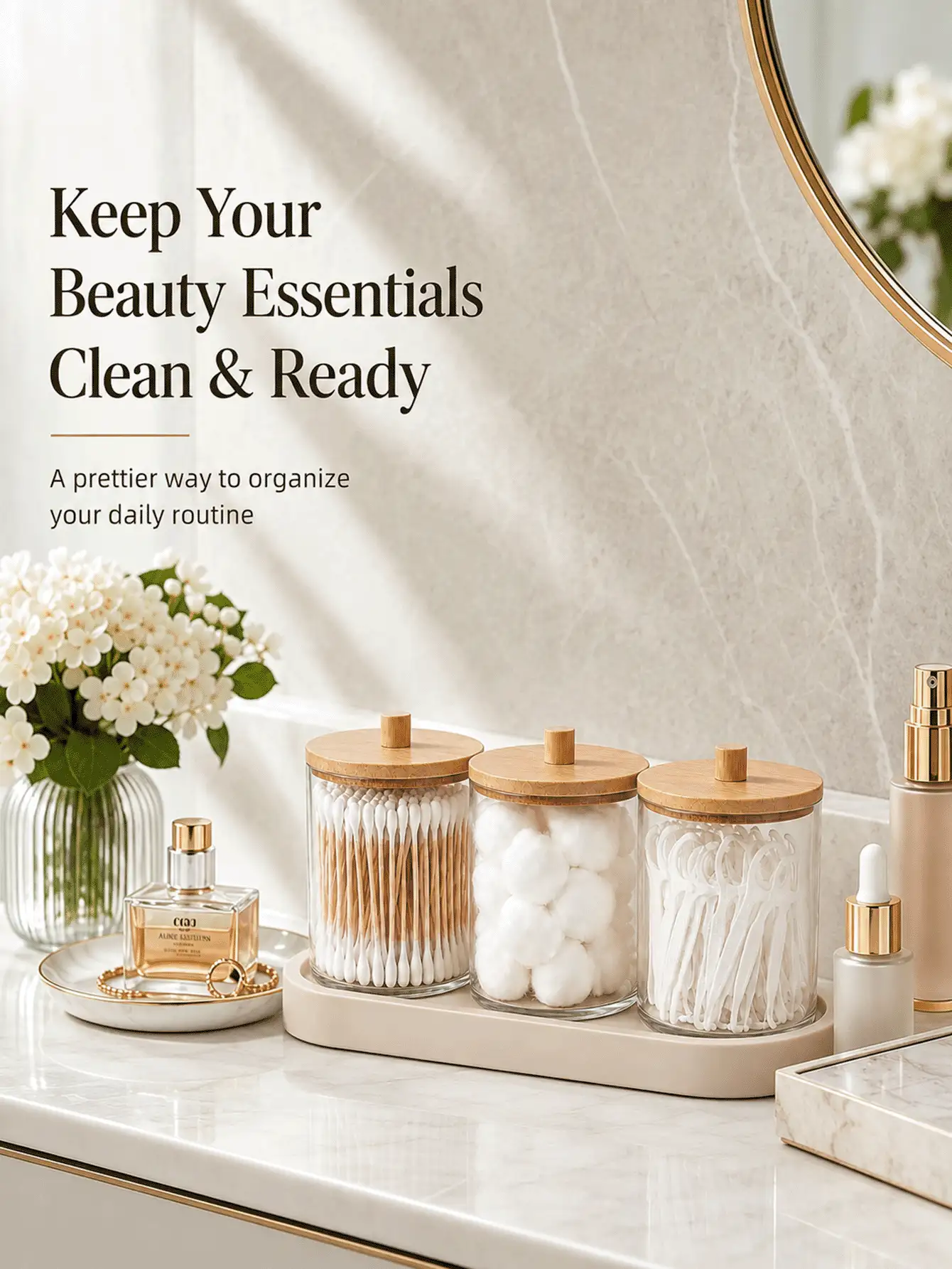 1/3 Packs Bathroom Organizer Set With Silicone Tray, Plastic Storage Canisters With Lids For Vanity Countertop, Cotton Swab Holder, Cotton Ball And Floss Pick Organizer - Multicolor - View 2