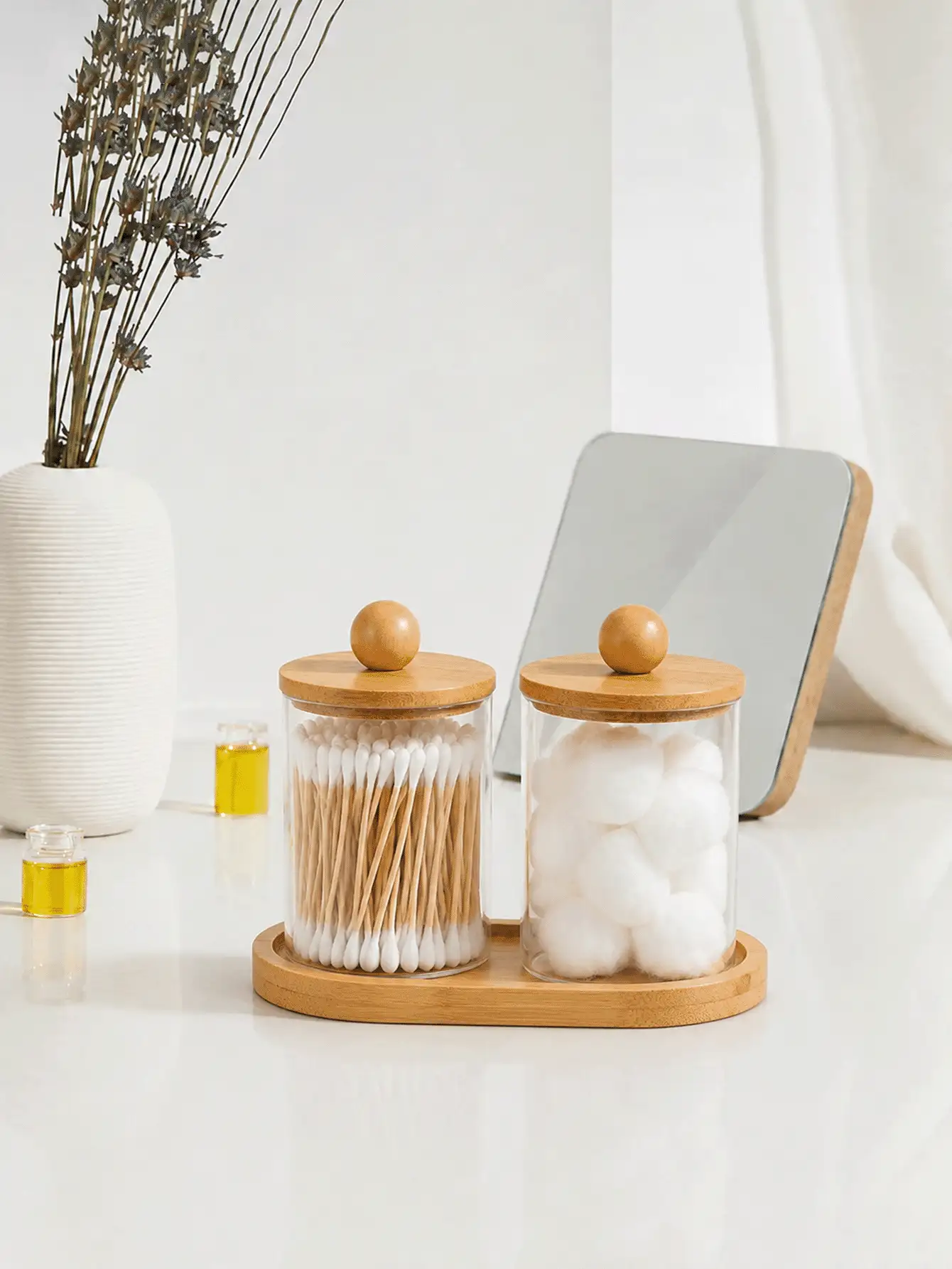 Modern Bathroom Storage Jar Set With Bamboo Tray, 2 Clear Q Tip And Cotton Ball Holders With Bamboo Lids For Vanity Countertop Decor - Multicolor - View 2