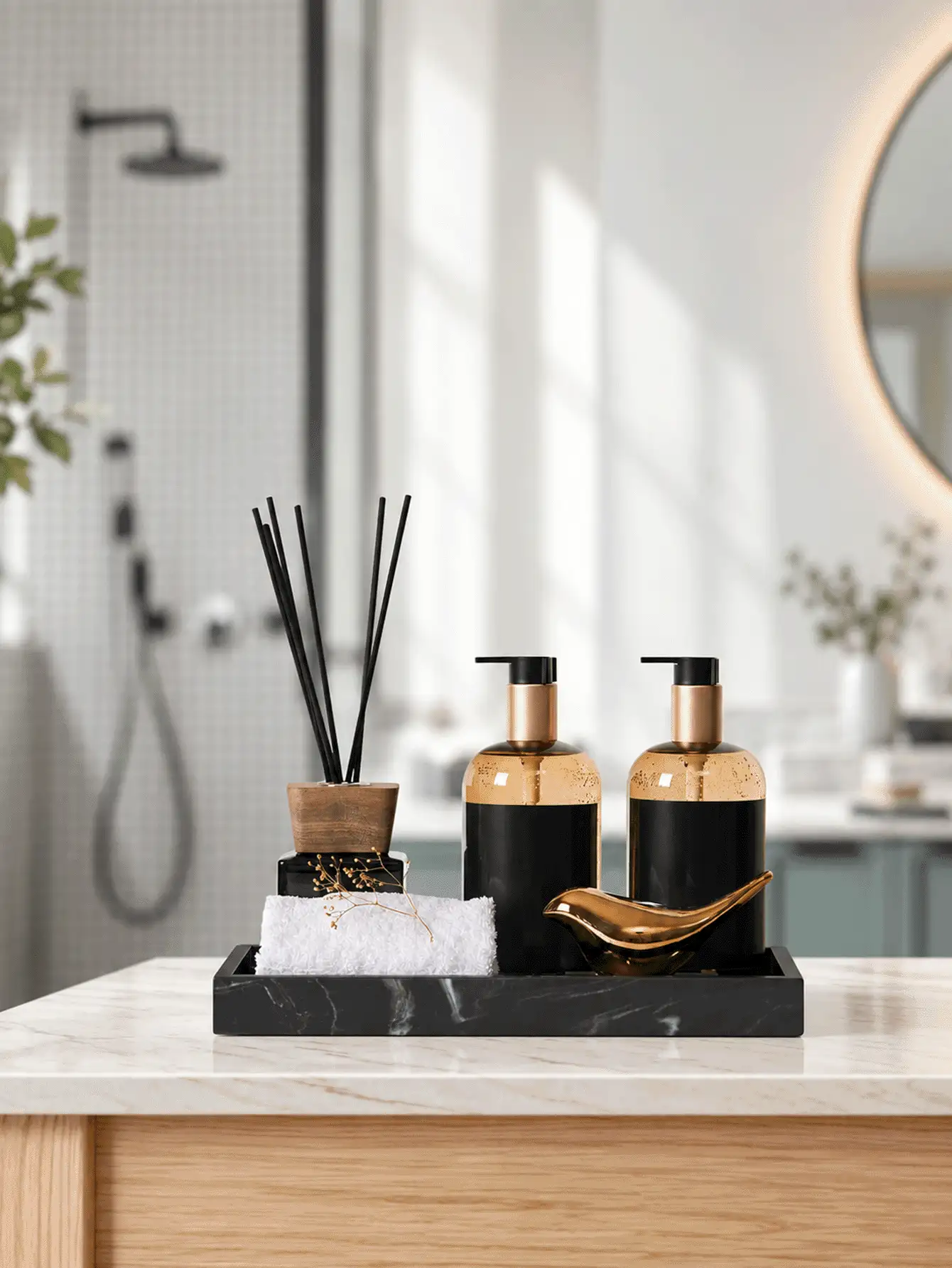 Black Marble Silicone Tray Set, Modern Bathroom Counter Organizer For Perfume, Skincare, Soap And Toiletries - Multicolor - View 2