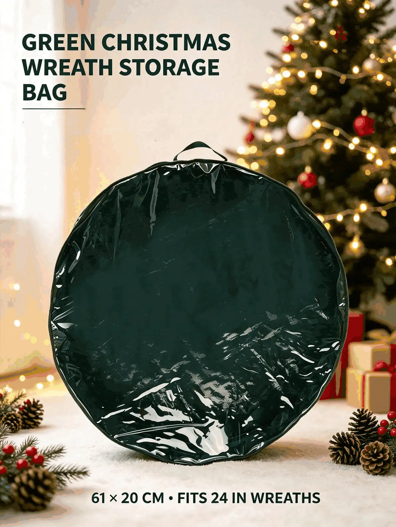 1pc Christmas Wreath Storage Bag, PE Woven Strap With Transparent PVC Window, Round Waterproof Bag, Double Zipper Holiday Wreath Storage Box, Suitable For 24 Inch Wreath, Christmas Home Room Decor, Autumn Wreath Decoration, Christmas Home Decor, Home Decor - Multicolor - View 2