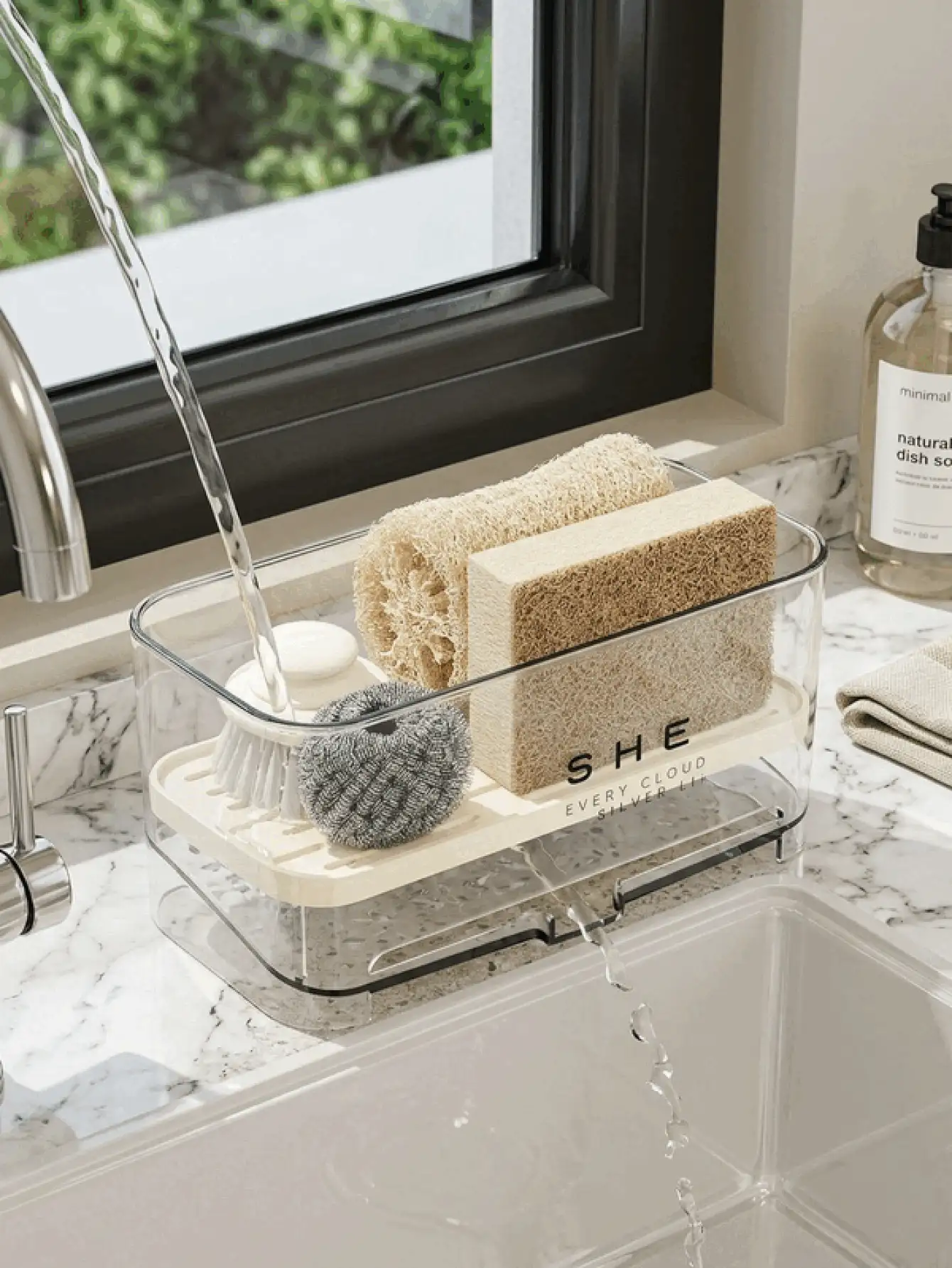 Multifunctional Self-Draining Sponge Holder Space Saver Minimalist Sink Caddy For Brush Scrubber Towel Rustproof Countertop Organizer Dish Soap Dispenser Organization Kitchen Bathroom House Home Decor Cleaning Essentials Accessories - Multicolor - View 3