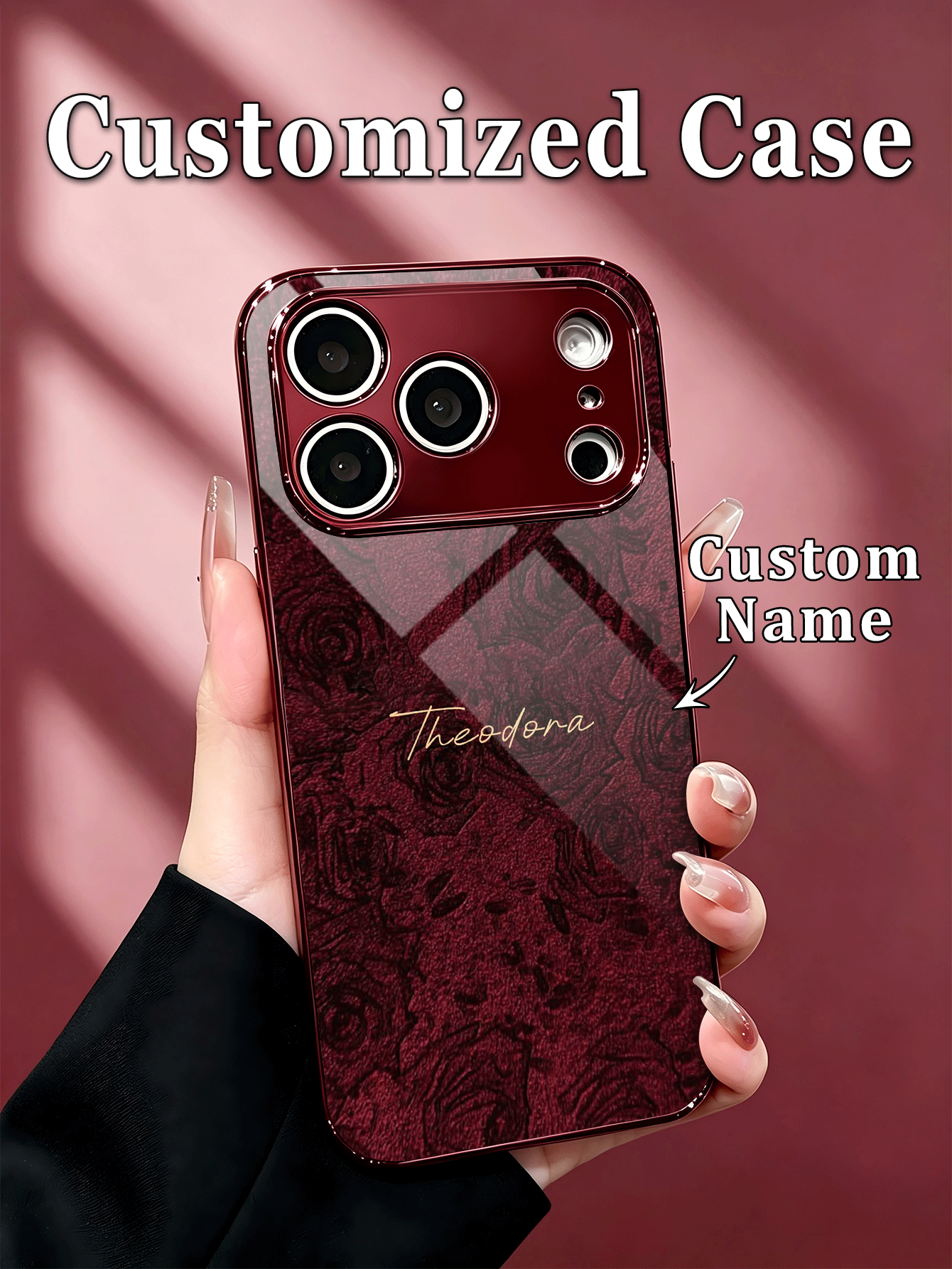 1pc Customized Name Fashion Phone Case, Dark Rose Pattern, Burgundy Electroplated Frame, High-Definition Glass Shell, Compatible With Apple Duo/18ProMax/17ProMax/16Pro/15/14Plus/13Pro/12ProMax/11/XsMax & S26Ultra/25Plus/24/23/22 & A36/A35/A33/A31/A26/A15/A13/Note20/10Pro And Other Series Models - Burgundy - View 2