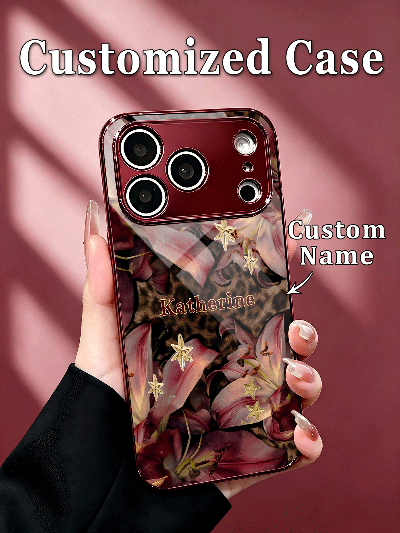 1pc Customized Name Fashion Phone Case, Leopard Print Background With Pink Purple Lily And Gold Star Pattern, Burgundy Electroplated Frame, High-Definition Glass Shell, Compatible With Apple 18ProMax/17ProMax/16Pro/15/14Plus/13Pro/12ProMax/11/XsMax & S26Ultra/25Plus/24/23/22 & A36/A35/A33/A31/A26/A15/A13/Note20/10Pro And Other Series Models, Precise Cutouts, Responsive Buttons, Raised Full Camera Protection, Personalized Exclusive, Great Gift With Sense Of Ceremony - Burgundy - View 2