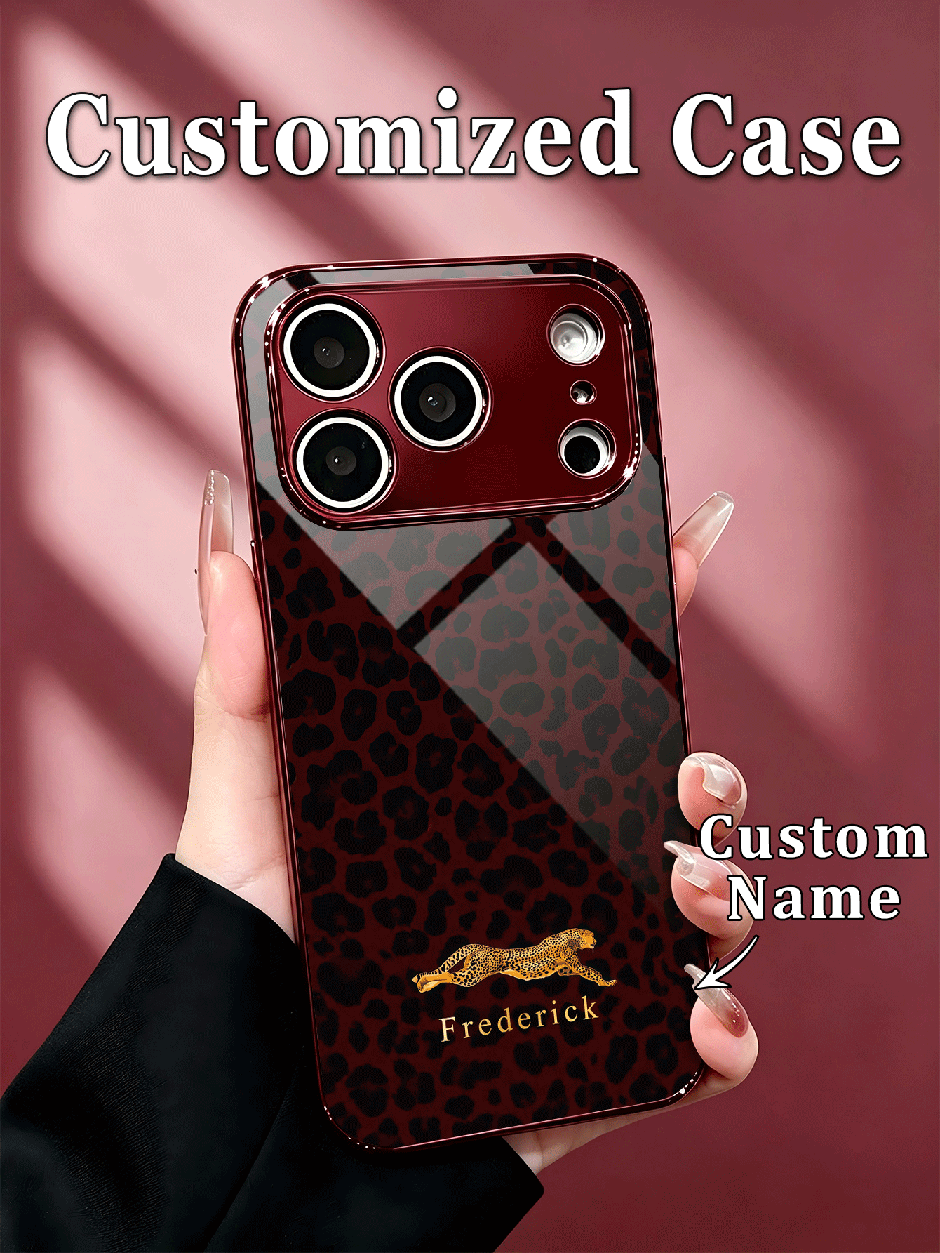 1pc Customized Name Fashion Phone Case, Glossy Leopard Print Dark Background With Gold-Plated Cheetah Pattern, Burgundy Electroplated Frame, High-Definition Glass Shell Compatible With Apple 18ProMax/17Pro Max/16Pro/15/14 Plus/13 Pro/12 Pro Max/11/XsMax & S26Ultra/25Plus/24/23/22 & A36/A35/A33/A31/A26/A15/A13/Note20/10Pro And Other Series Models - Burgundy - View 2