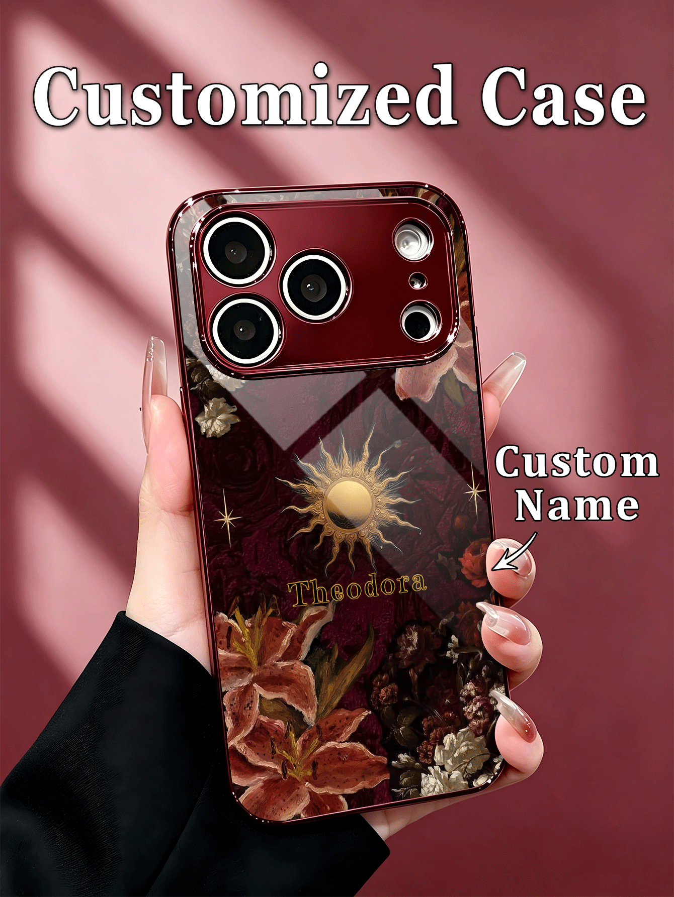 1pc Customized Name Fashion Phone Case, Dark Vintage Oil Painting Floral Sun God Pattern, Burgundy Electroplated Frame High Definition Glass Shell, Compatible With Apple 18ProMax/17ProMax/16Pro/15/14Plus/13Pro/12ProMax/11/XsMax & S26Ultra/25Plus/24/23/22 & A36/A35/A33/A31/A26/A15/A13/Note20/10Pro And Other Series Models, Precise Cutouts, Responsive Buttons, Raised Full Lens Protection, Personalized Exclusive, Perfect Gift With Ritual Feeling - Burgundy - View 2