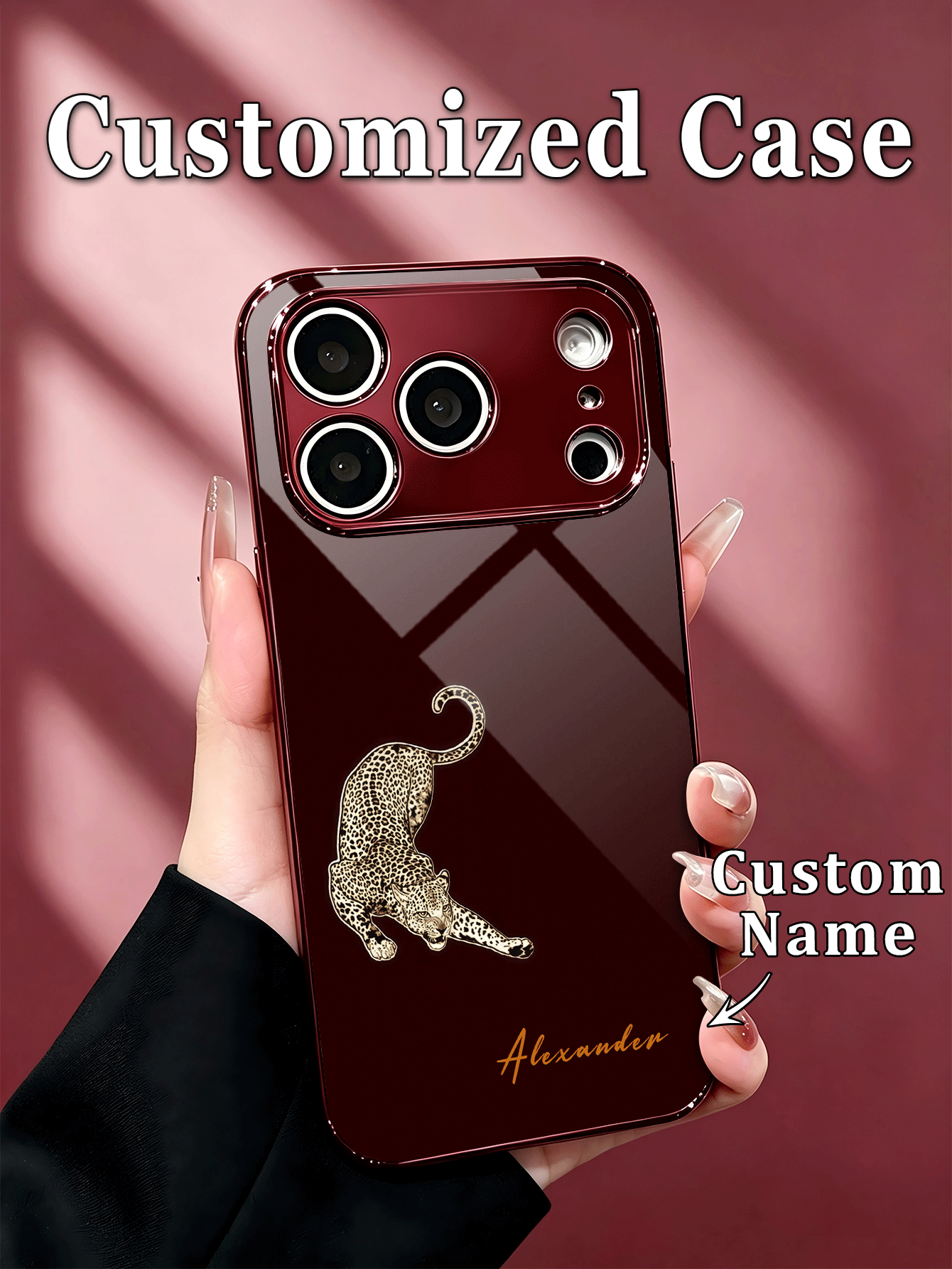 1pc Customized Name Fashion Phone Case, Premium Luxury Leopard Print Burgundy Electroplated Frame High-Definition Glass Shell Compatible With Apple 18ProMax/17Pro Max/16Pro/15/14 Plus/13 Pro/12 Pro Max/11/XsMax & S26Ultra/25Plus/24/23/22 & A36/A35/A33/A31/A26/A15/A13/Note20/10Pro And Other Series Models - Burgundy - View 2
