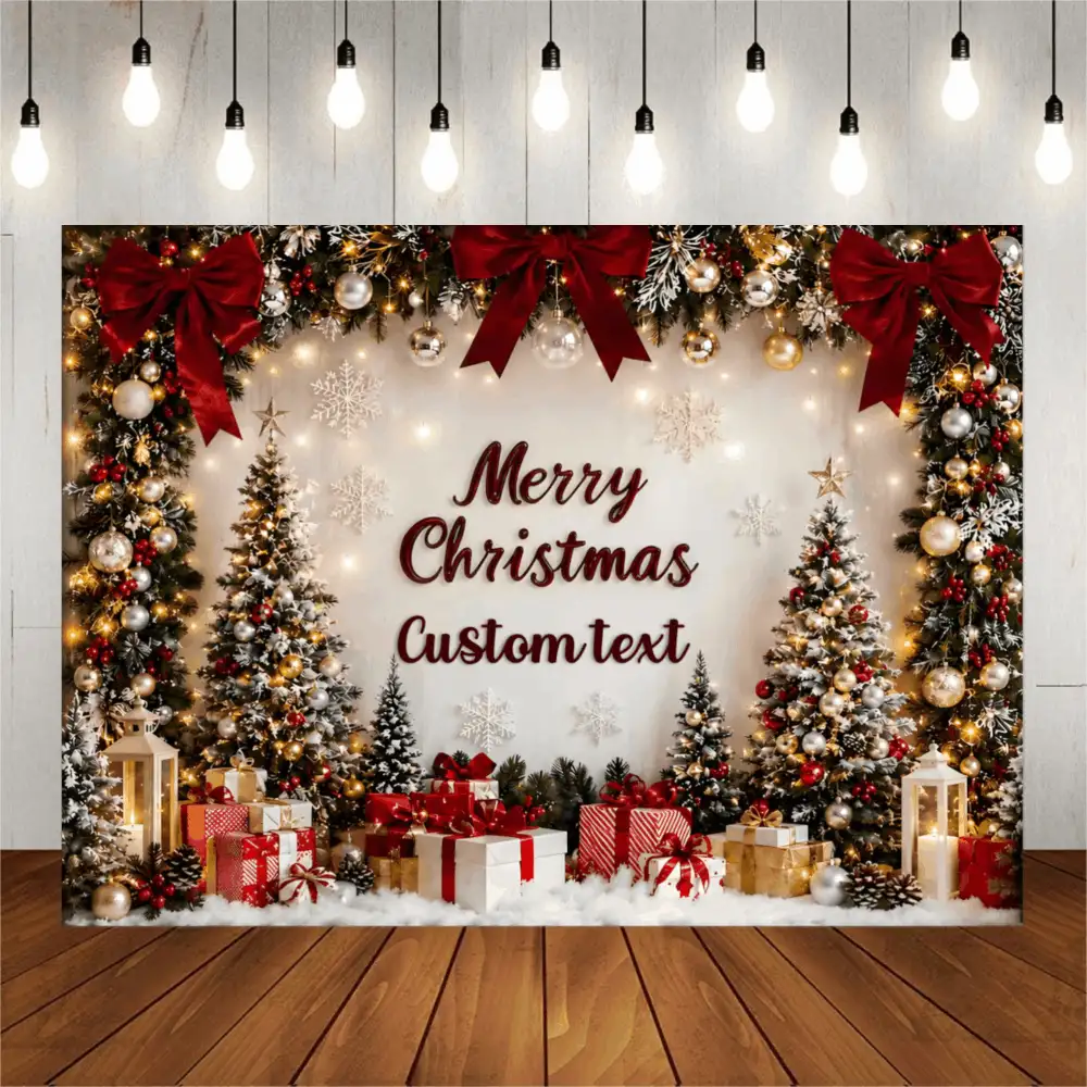 Latar Belakang Tema Natal Musim Dingin dengan Teks yang Dapat Disesuaikan, Pohon Natal, Kotak Hadiah, Daun Holly, Permen Tongkat, Lonceng, Pita, Desain Dekorasi Pola Kepingan Salju, Cocok untuk Pesta Natal, Pertemuan Keluarga, Doa, Dekorasi Latar Belakang Fotografi, Spanduk Fotografi, Vinyl - MultiWarna - View 2
