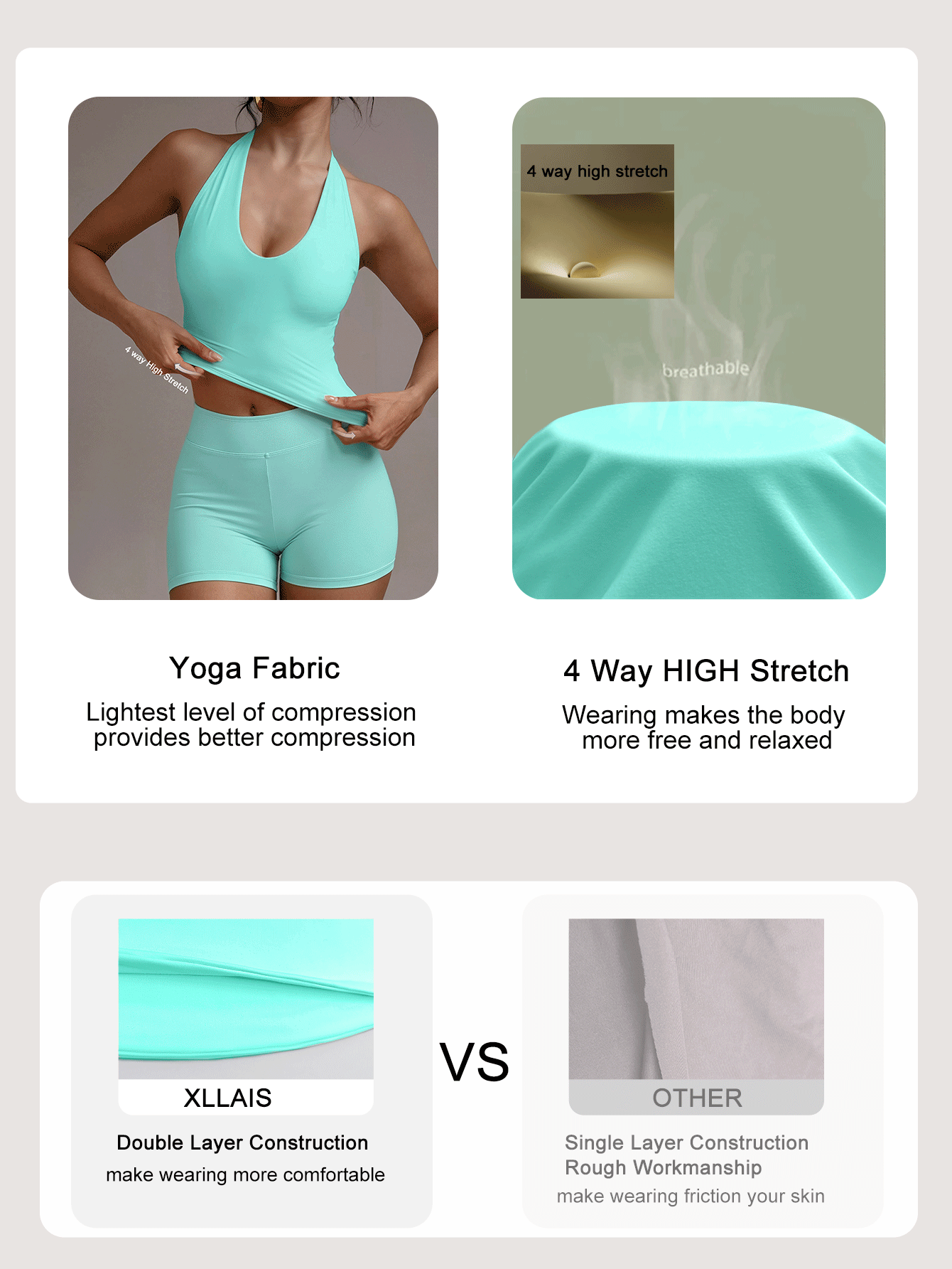 XLLAIS Women's Mint Green Halter Neck Ruched Fitted Versatile Casual Top, High Elasticity Double Layer Fabric, Deep U-Neck Backless Tank Top Summer - Mint Blue - View 3