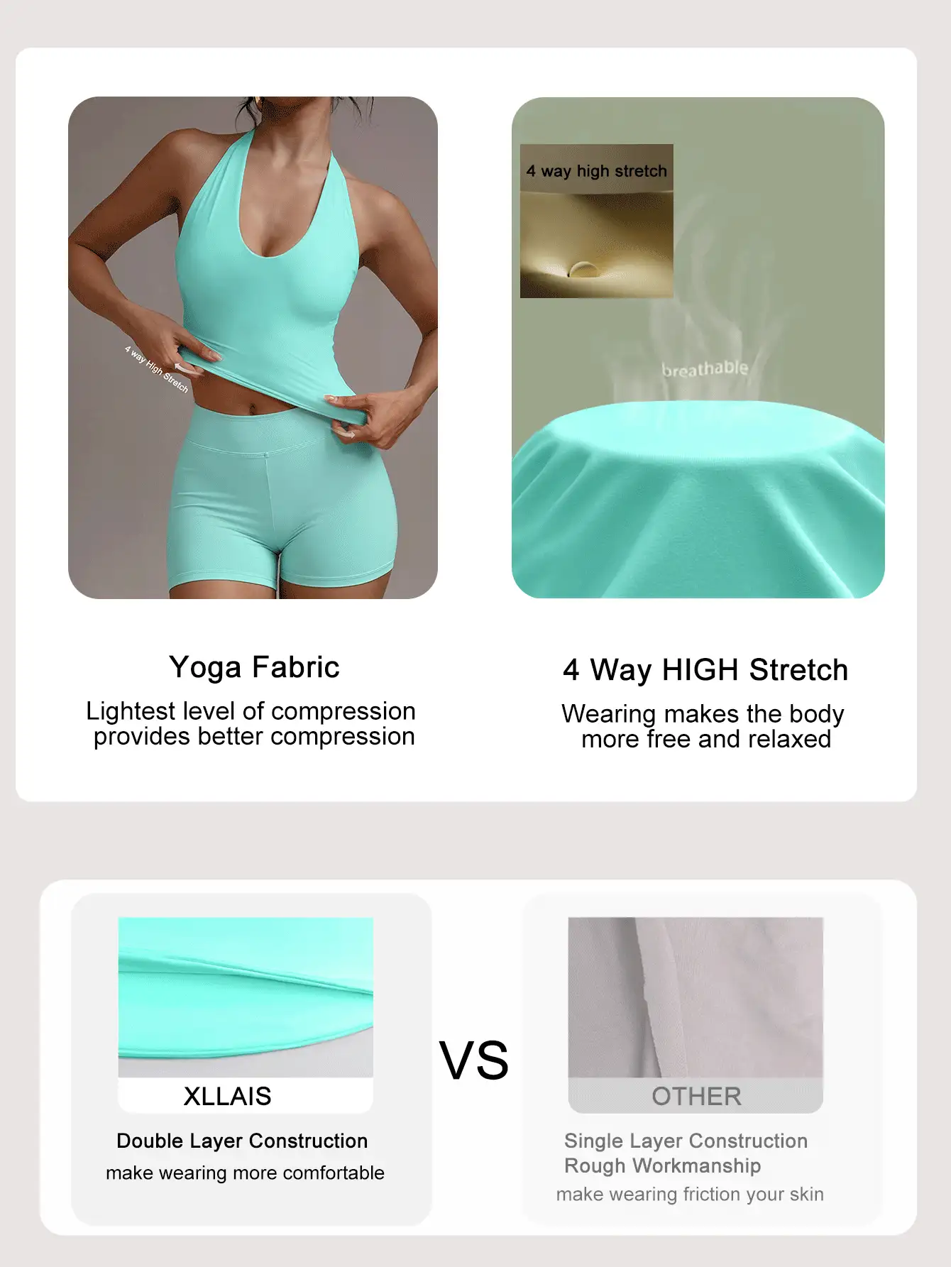 XLLAIS Women's Mint Green Halter Neck Ruched Fitted Versatile Casual Top, High Elasticity Double Layer Fabric, Deep U-Neck Backless Tank Top Summer - Mint Blue - View 3