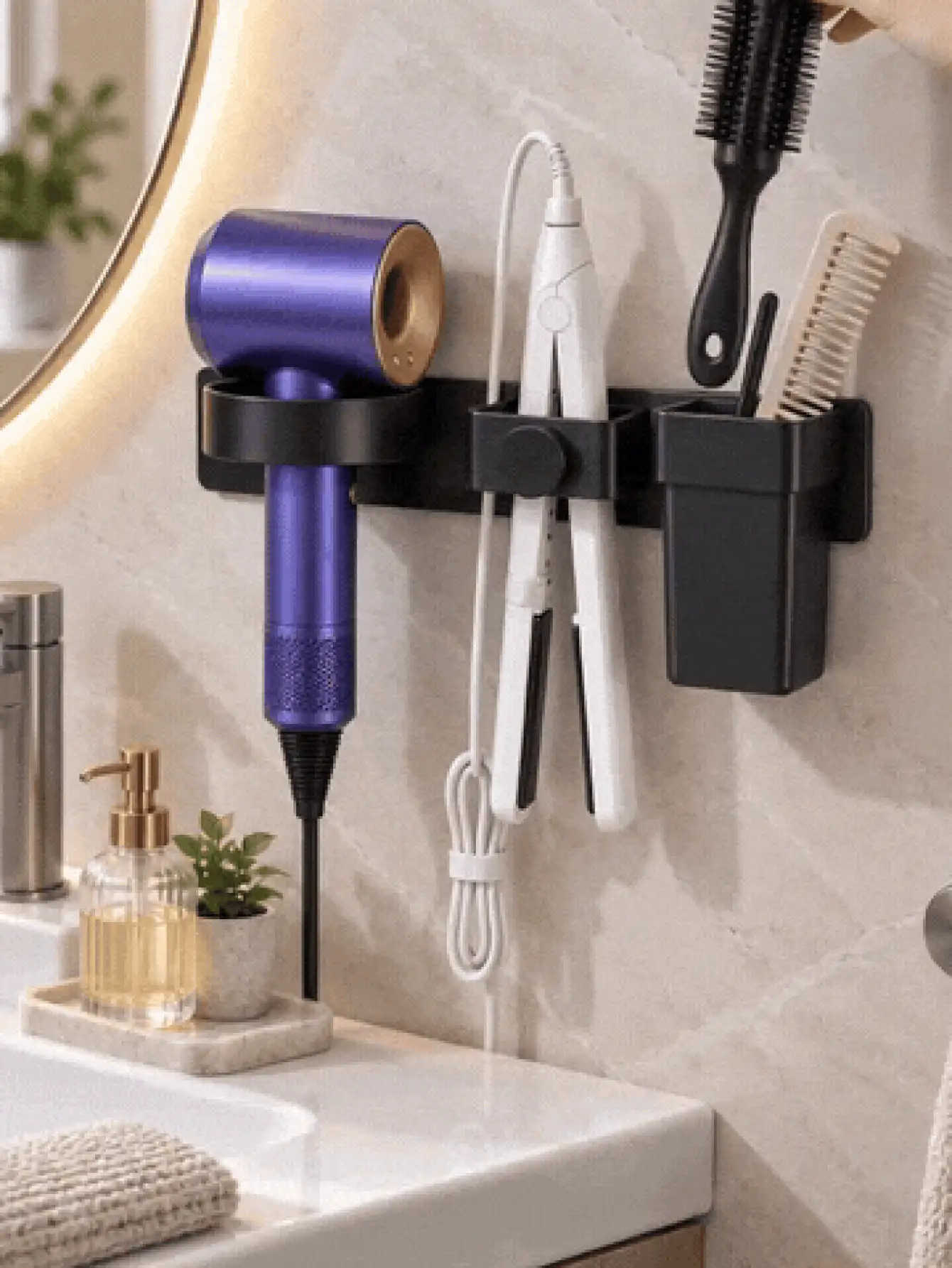 Wall-Mounted Hair Dryer Holder 2/3 Compartment Self-Adhesive Storage Box, Multi-Function Organizer For Curling Iron, Straightener, Comb, Home Bedroom Bathroom Dorm Decor, Bathroom Storage Accessories, Back To School Essentials - Multicolor - View 2