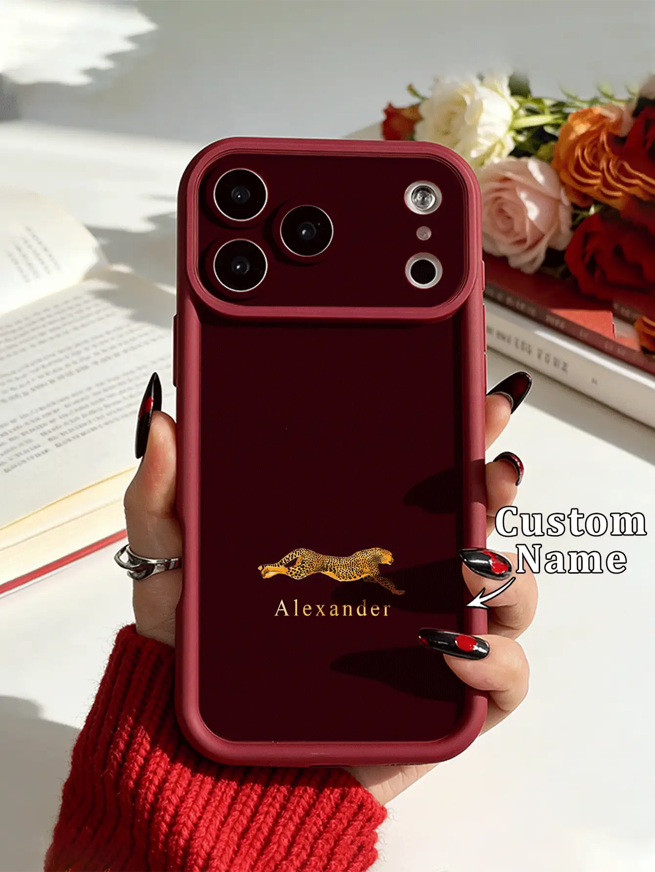1 buah Casing Ponsel Motif Leopard Emas dengan Nama Kustom, Kompatibel dengan dan Apple 18ProMax/Duo/17ProMax/16Pro/15/14Plus/13Pro/12ProMax/11/XsMax/8/7Plus, Aksesoris Ponsel TPU Burgundy dengan Tepi Tebal, Perlindungan Lensa Penuh Silikon Anti Jatuh, Casing Pelindung Premium - Burgundy - View 2