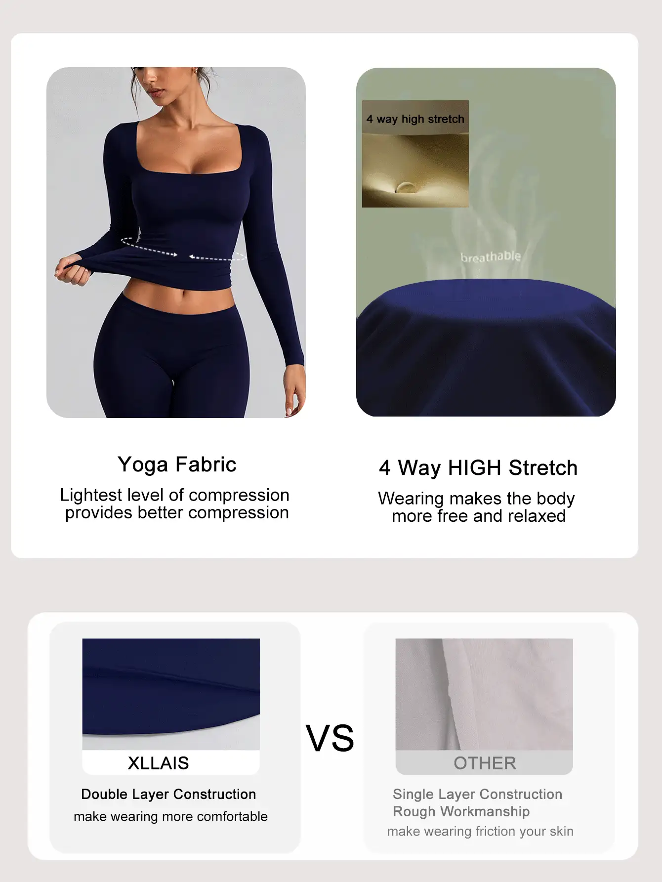 XLLAIS Fashionable Minimalist Solid Color Slim Fit Square Neck Long Sleeve T-Shirt Suitable For Daily Wear - Royal Blue - View 6