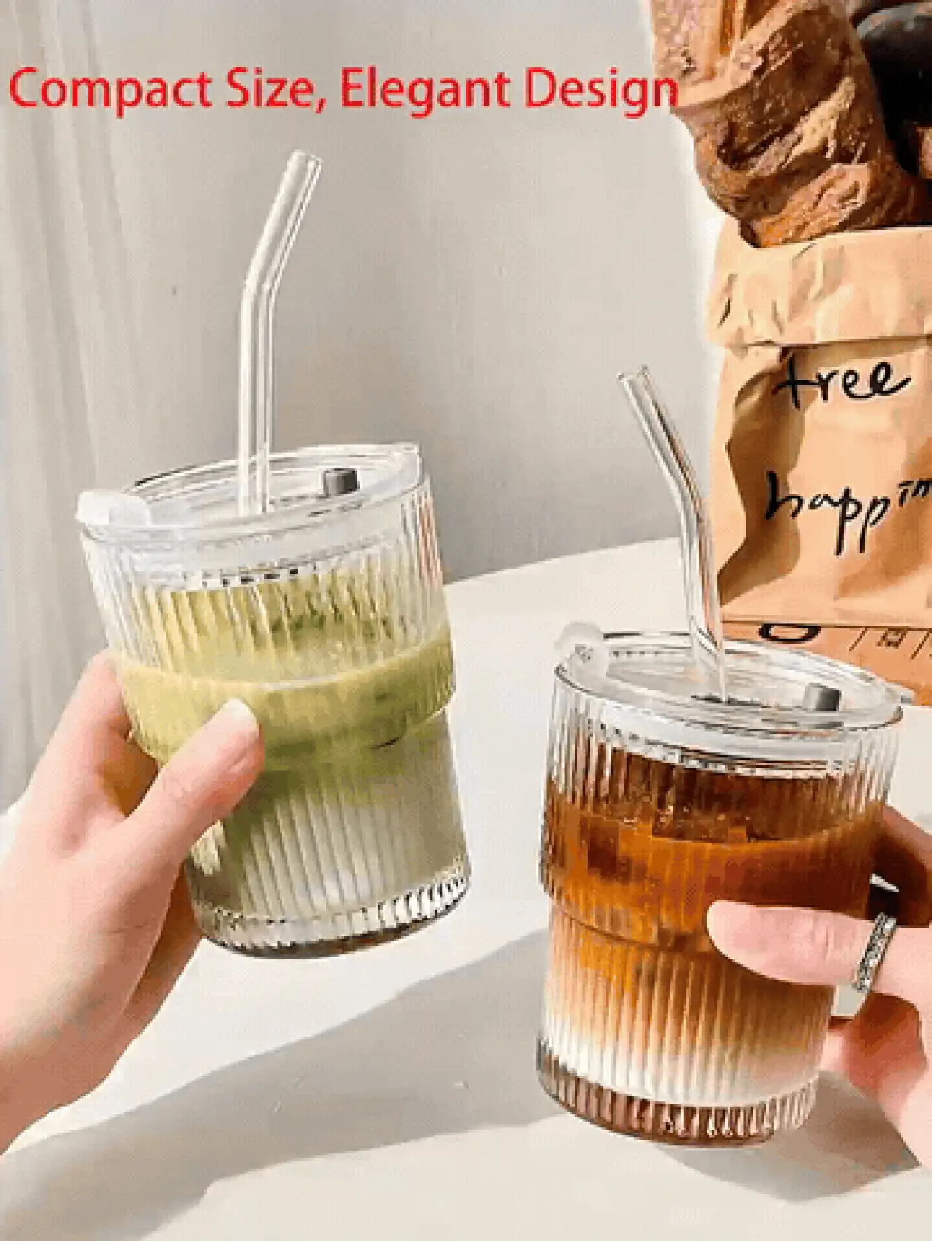Striped Glass Cup With Straw And Lid Portable Water Cup For Men And Women Reusable Striped Glass Cup For Home Kitchen Indoor Work Class Dorm Outdoor Christmas Halloween Birthday Gift Back To School Beach Essential Accessory Coffee Tea And Juice - Multicolor - View 3
