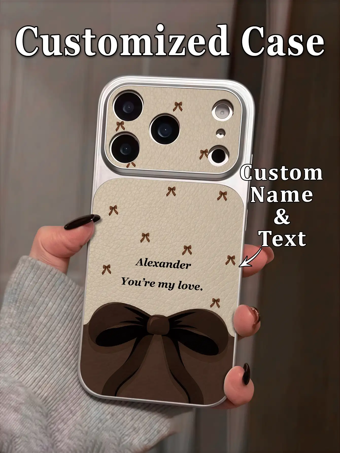 1pc Customized Name Maillard Texture Brown Bowknot Print Pattern Metallic Silver Trim Litchi Grain Leather Large Window Lens Full Coverage Phone Case Compatible With Apple 18ProMax/17ProMax/16Pro/15/14Plus/13Pro/12ProMax/11 & S26Ultra/S25Plus/S24FE/S23/S22/S21/A73/A57/A53/A32/A17/M13 And Other Series - Multicolor - View 2