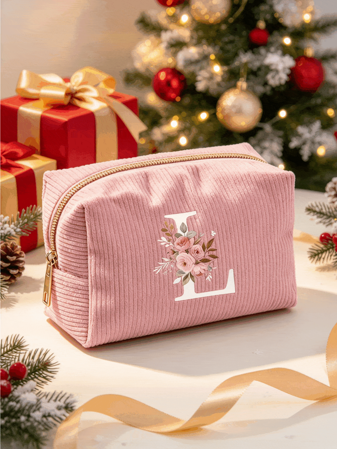 A-Z Pink Letter Corduroy Cosmetic Bag, Foldable Large Capacity Makeup Organizer With Smooth Zipper, Portable Personalized Toiletry Bag, Pink White Letter Design Storage Pouch, Perfect For Fall Style, Gift For Girlfriends Bridesmaids,Christmas Gifts - Multicolor - View 2