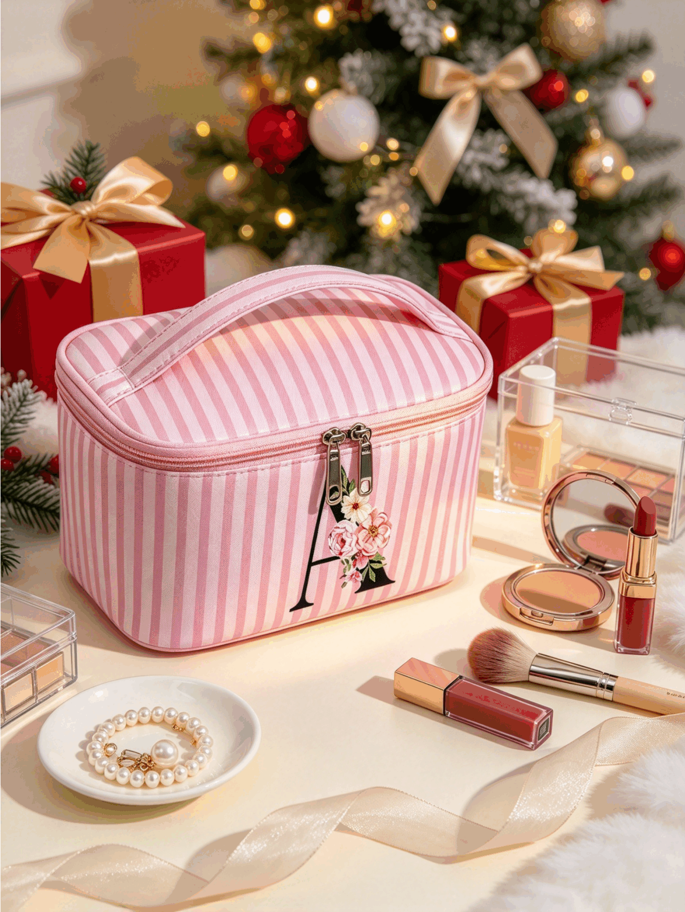 1pc Cute Preppy Polyester Rectangular Cosmetic Bag, Pink‑White Stripe A‑Z Floral Alphabet Print, Smooth Zipper Top Handle, Foldable Large Portable Makeup Organizer Pouch For Back To School Vacation New Year Gift Bridesmaid ,Christmas Gifts - Multicolor - View 2