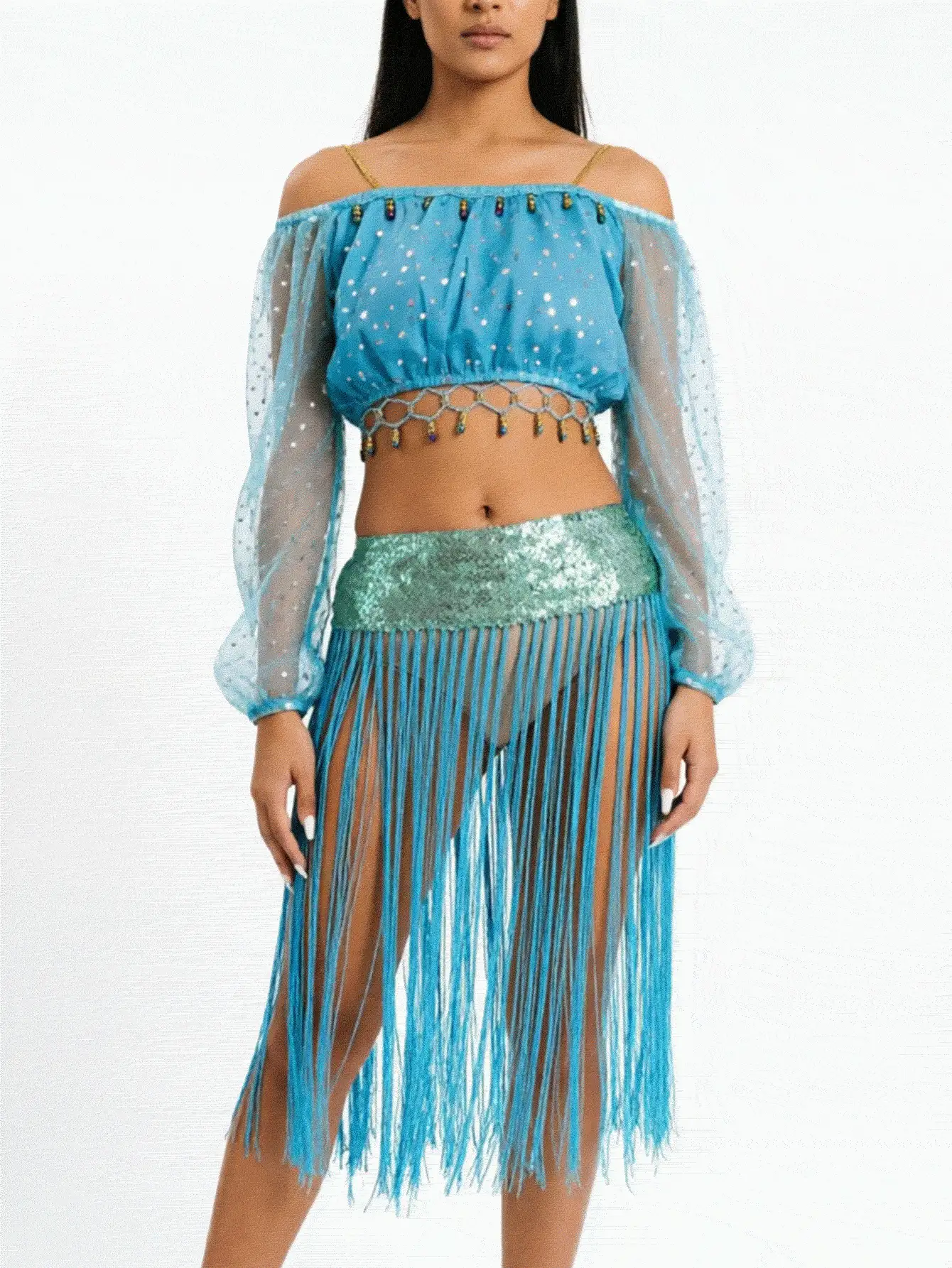 Sequin Off Shoulder Mesh Long Sleeve Crop Top Tassel, Sequin Waistband Long Fringe Hip Scarf Skirt, Fringe Sway Stage Collection Statement Wear, Multi-Color Available - Multicolor - View 2