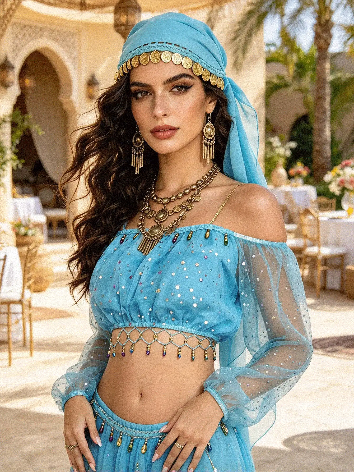Sequin Off Shoulder Sheer Mesh Crop Top Tassel Hem, Coin Trim Turban Headscarf Veil, Outdoor Courtyard Party Dance Wear, Multi-Color Available - Multicolor - View 2