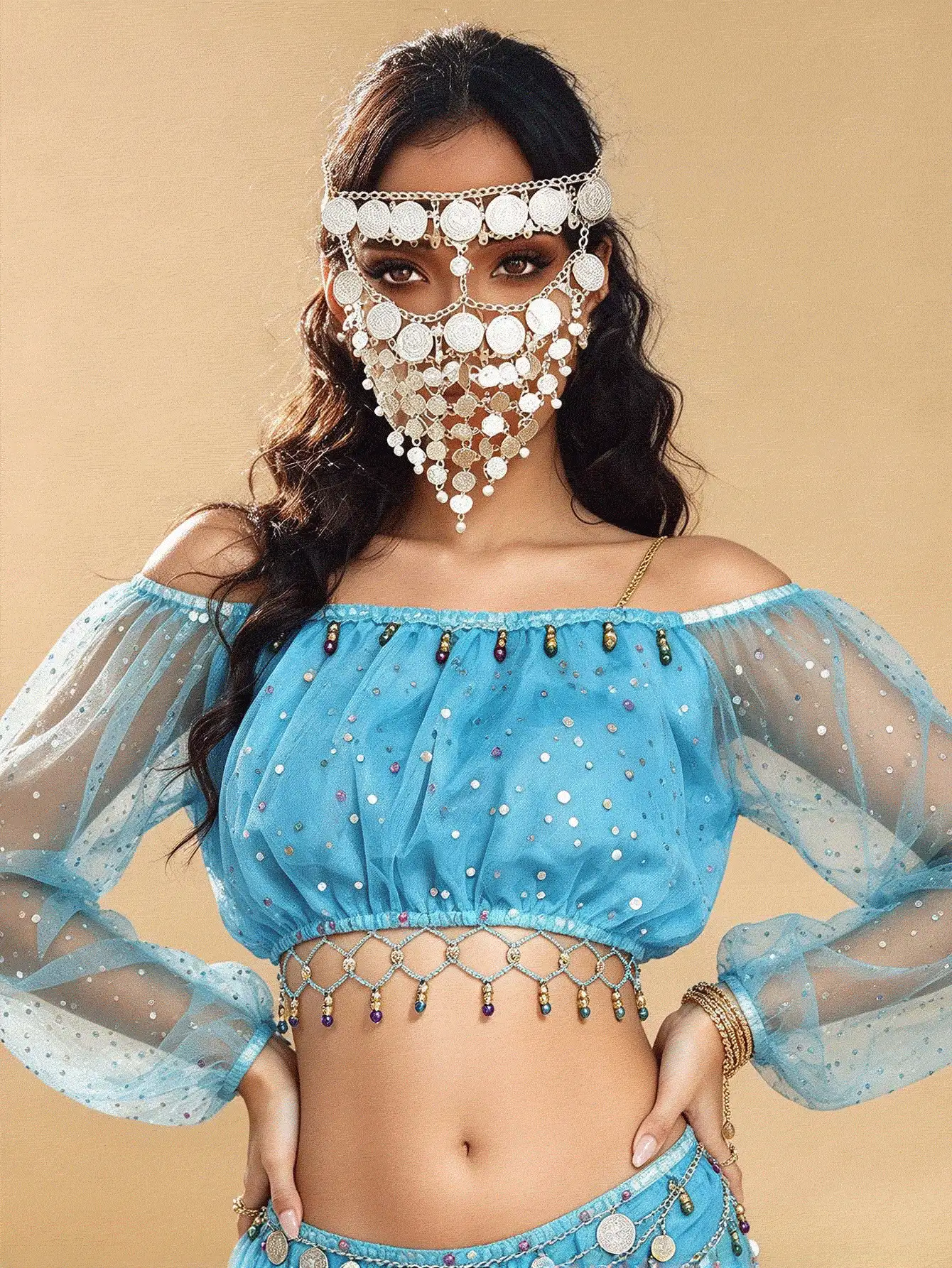 Sequin Off Shoulder Sheer Mesh Crop Top Tassel Hem, Coin Chain Metal Face Veil Covering, Coin Face Jewelry Performance Wear, Multi-Color Available - Multicolor - View 2