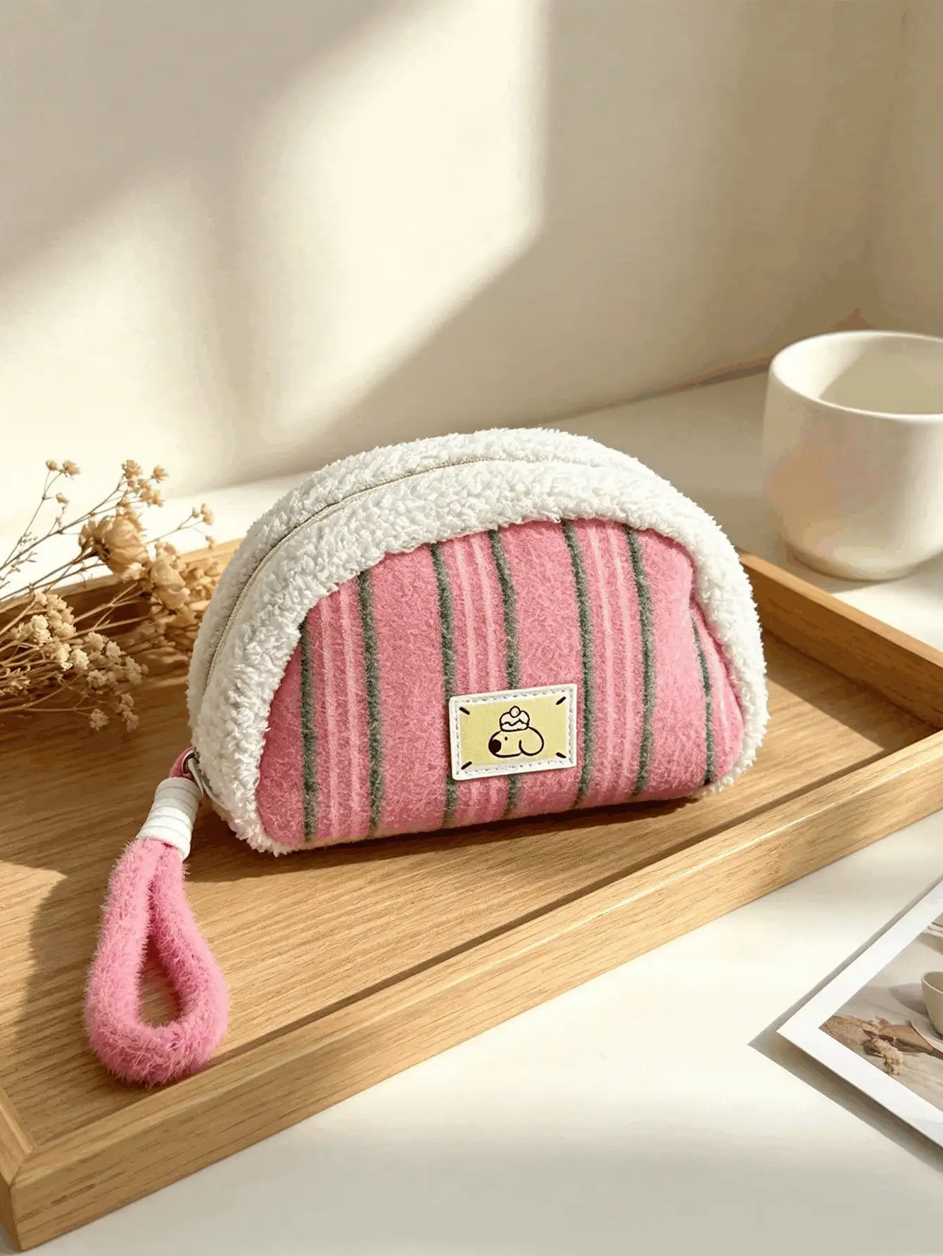 1pc Striped Plush Zipper Pouch, Soft Fuzzy Cosmetic Pouch With Wrist Strap, Cute Half-Moon Storage Pouch, Portable Small Pouch For Coins, Lipstick & Sundries, Fluffy Trim Design Makeup Pouch, Versatile Daily Storage Pouch For Travel & Daily Carry - Multicolor - View 3