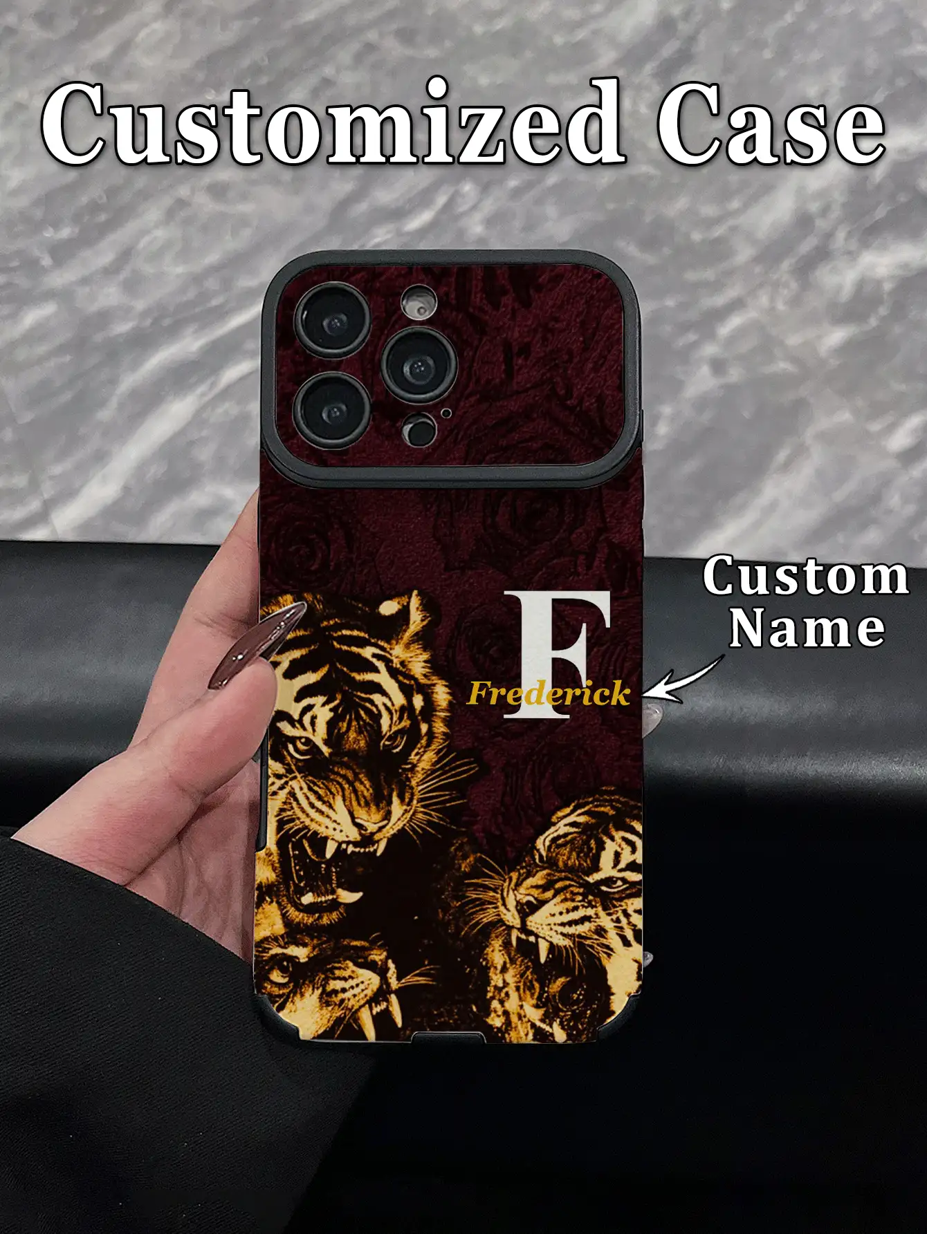 1pc Customized Name & Initial Bold Atmosphere Burgundy Dark Pattern Rose Double Tiger Design Black Edge Four-Corner Anti-Drop Texture Phone Case Compatible With Apple 18ProMax/17ProMax/16Pro/15/14Plus/13Pro/12ProMax/11 Phone Accessories, Premium Phone Case - Multicolor - View 2