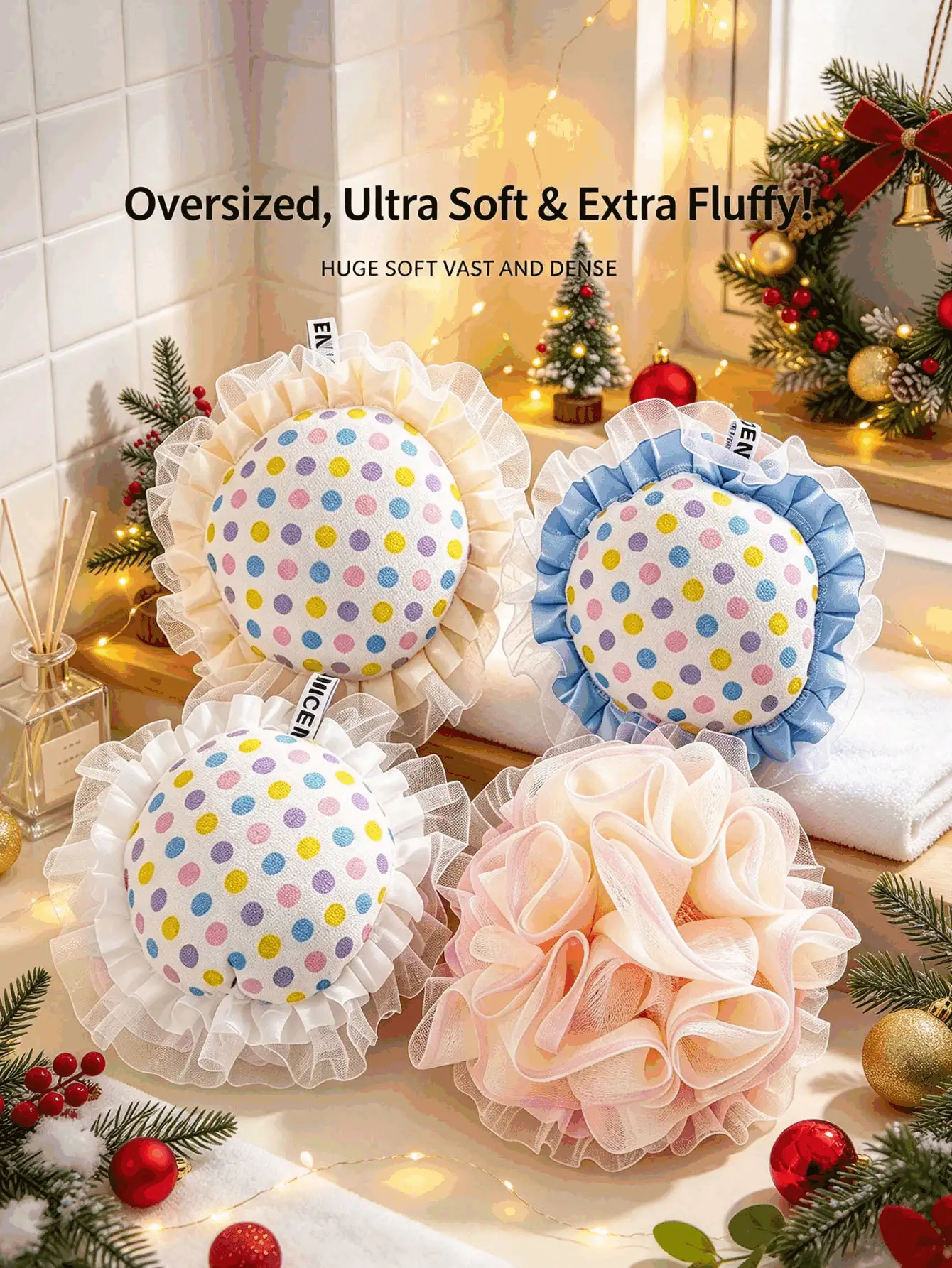 1PCSCute Polka Dot Bath Sponge, Large Fluffy Bath Loofah, Soft Mesh Shower Sponge For Body Cleansing, Ruffled Lace Bath Ball, Rich Foam Shower Loofah For Bathing, Gentle Exfoliating Body Scrubber For Bathroom Daily Use Christmas Gift - Multicolor - View 3