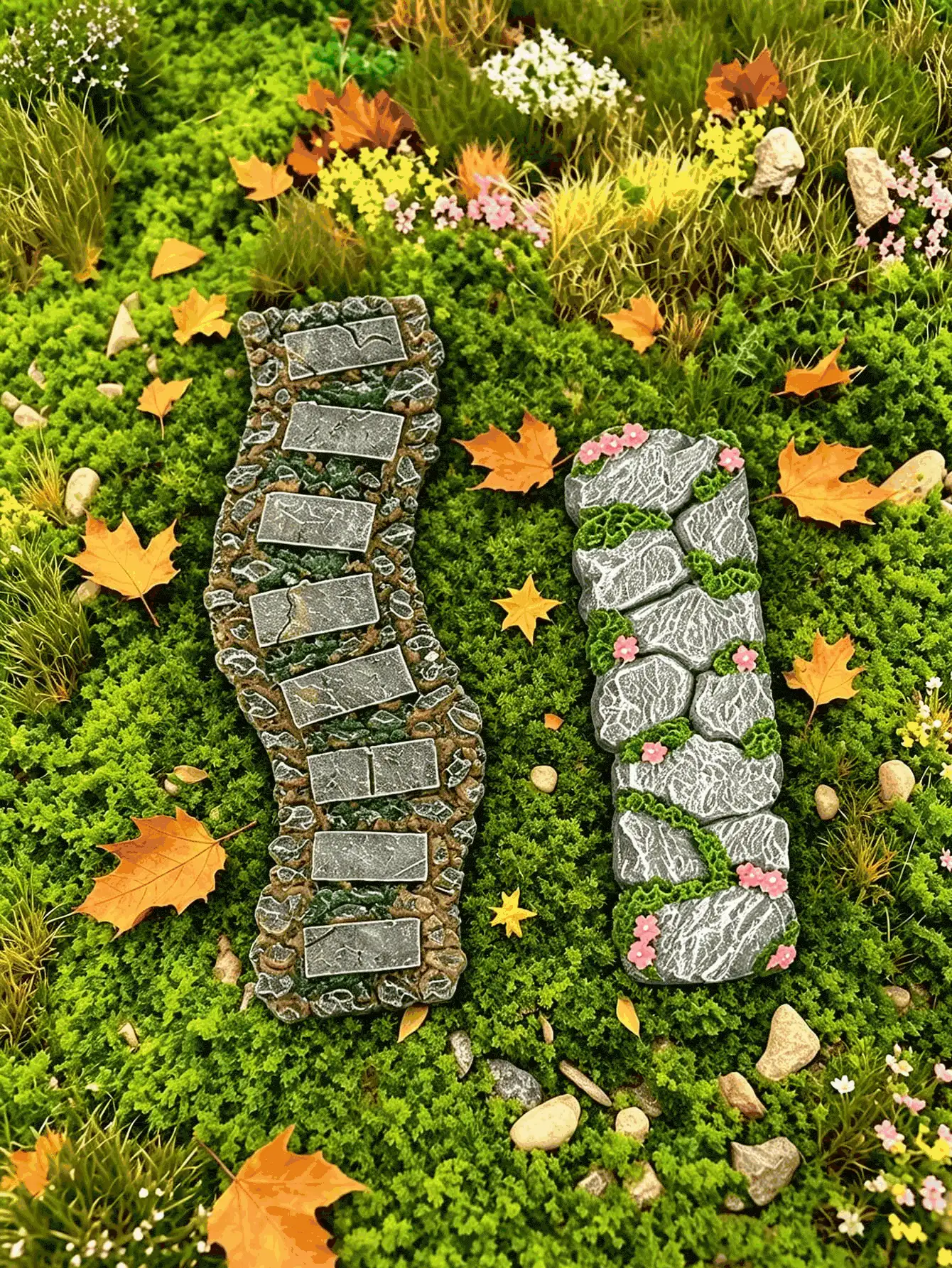 1件鄉村風天然樹脂不規則小徑裝飾品，仿真苔蘚石板附粉色花朵，迷你景觀配件，戶外花園與秋季裝飾，DIY微景觀裝飾，適用於盆栽、生態缸與魚缸 - 多款 - 查看 3