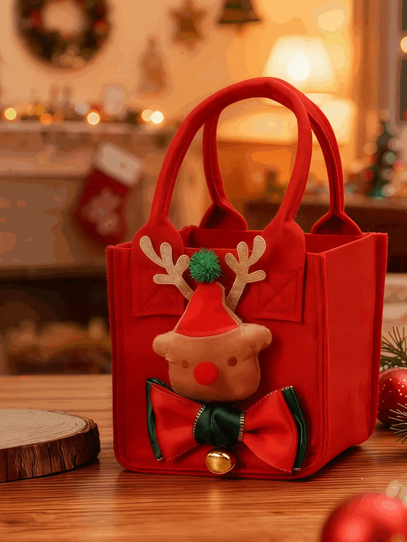 Christmas Felt Square Treat Gift Tote Bag, Handheld Holiday Goody Pouch With Adorable Reindeer Applique Bow Bell Detail, Festive Apple Candy Storage Bag For Xmas Party Home Gifting Adults, Cute Winter Favor Sack For Holiday Celebrations - Multicolor - View 3