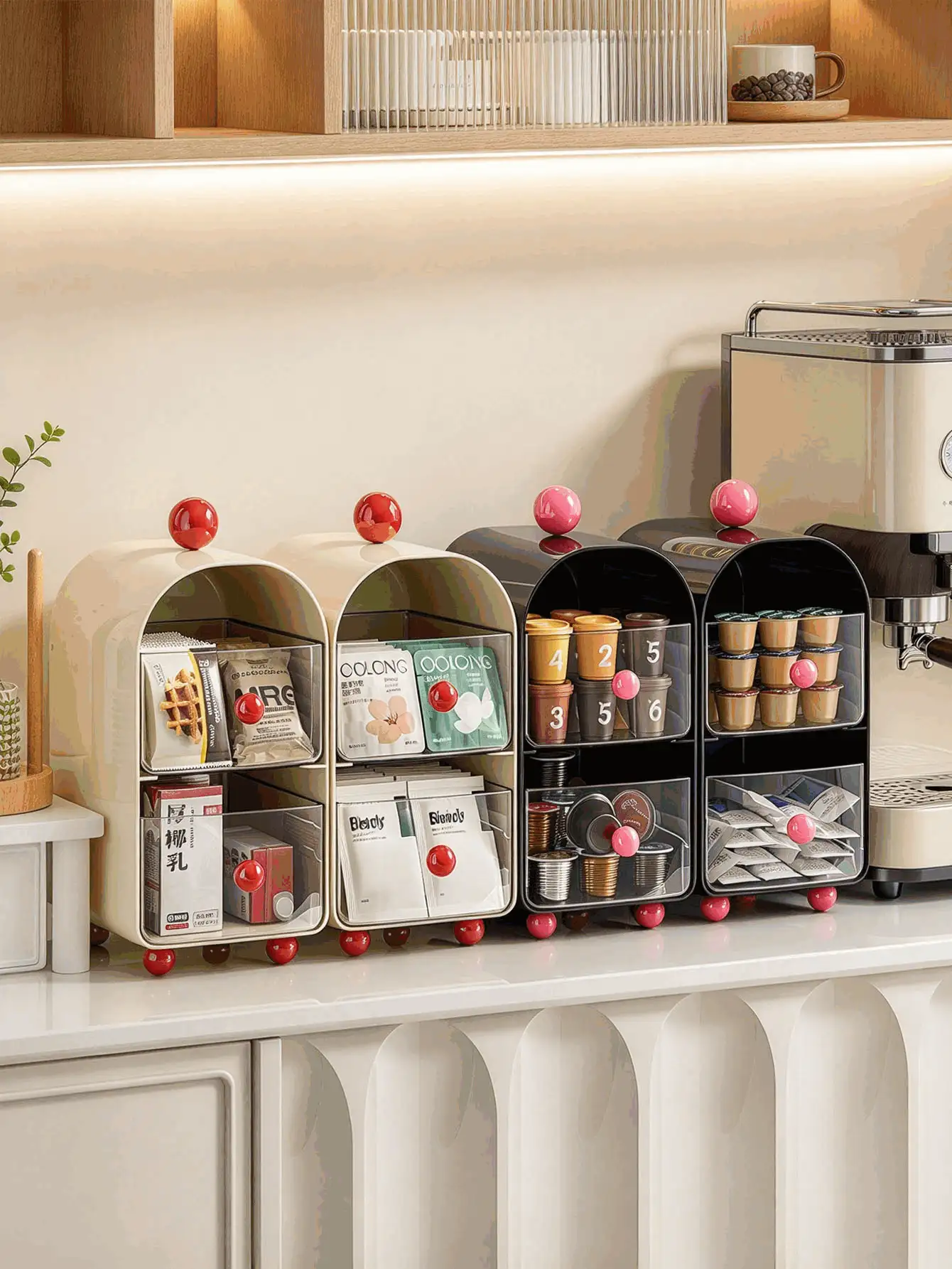 1PC2-Tier Coffee Capsule Storage Box, Cute Arch Shape Desktop Organizer With Pull-Out Drawers, Countertop Holder For Coffee Pods, Tea Bags & Beverage Packets, Multifunctional Kitchen & Coffee Bar Decor Rack For Home Coffee Station Christmas Gift - Multicolor - View 3
