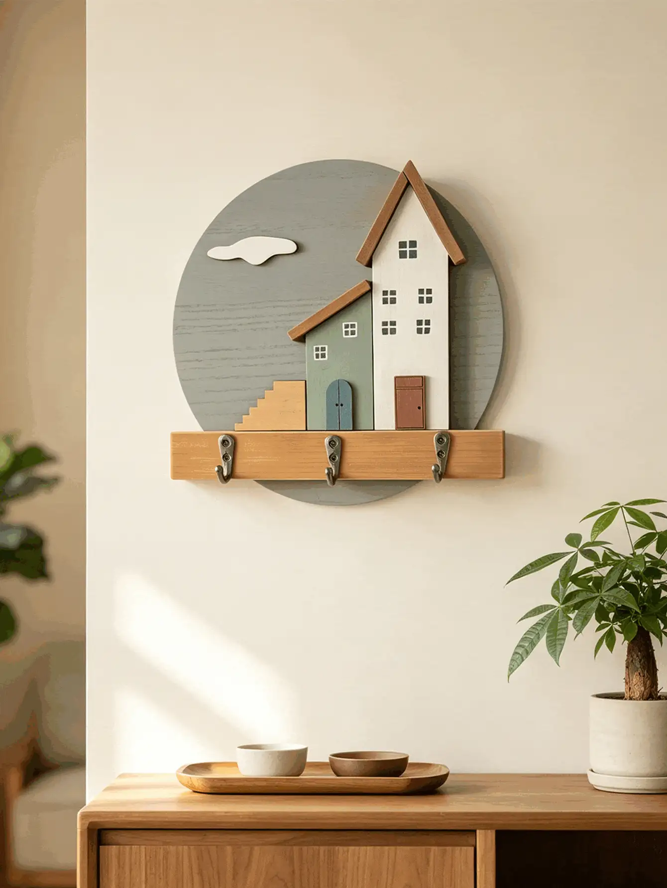 1pc Rustic Nordic Style Wooden Wall-Mounted Key Rack, 3D House And Fence Decor, Multiple Metal Hooks For Keys And Bags, Wall-Hanging Key Storage Rack, Home Decor Accessory, Suitable For Entryway, Hallway And Farmhouse Style Interior Decoration - Multicolor - View 3